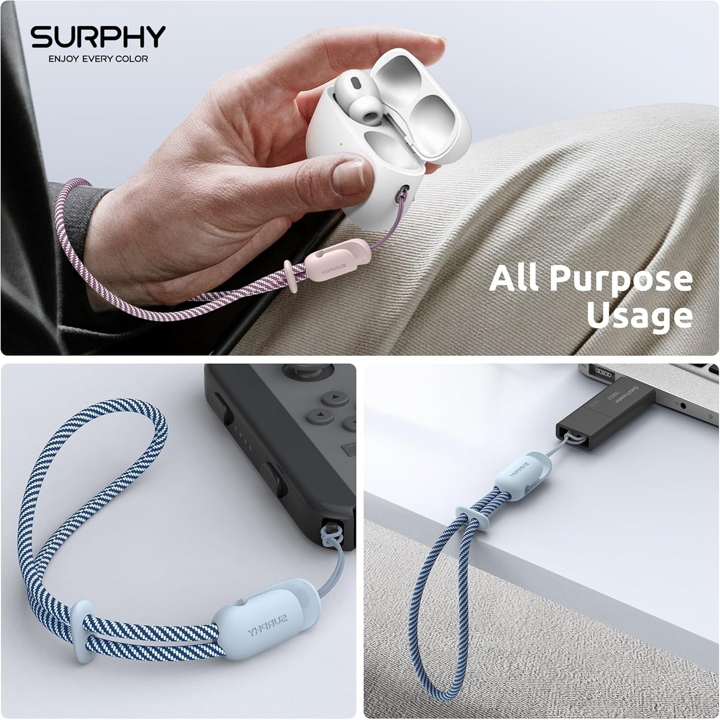 SURPHY 2 Pack Phone Lanyard for Cellphone Case, Phone Wrist Strap for Case, Cellphone Strap with 2-Color Braided, Charm Wrist Lanyard for Women and Men, Pink & Cloud Blue