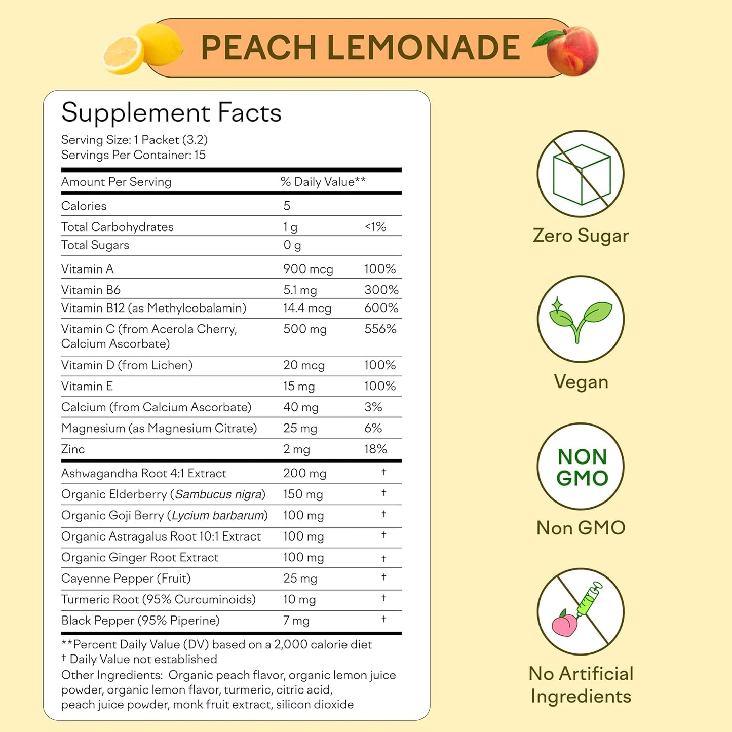 Feel Goods Immunity Icon, Zero Sugar, Vitamin C, A, B, D, E & Zinc, Organic Elderberry, Ashwagandha, Drink Mix Powder, Vegan, Non GMO, Caffeine & Gluten Free | Peach Lemonade, 15 Count