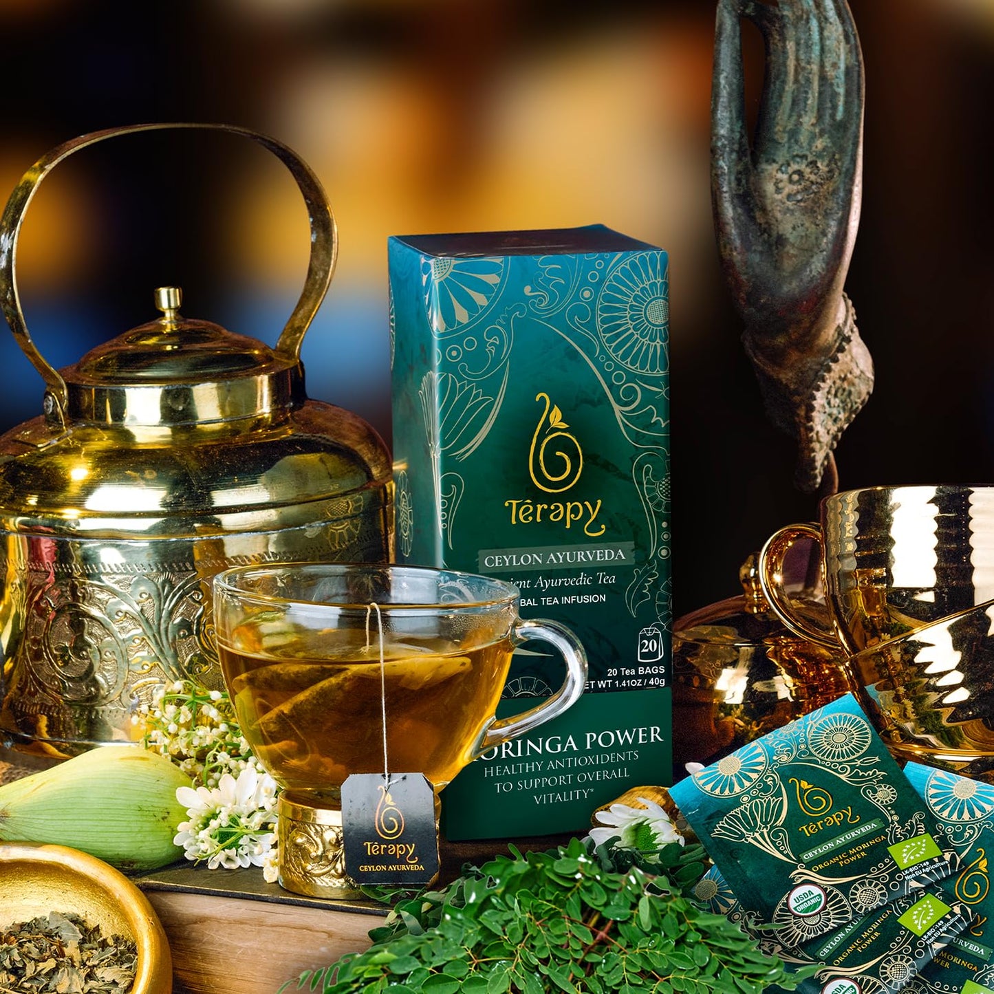 Tรฉrapy Ceylon Organic MORINGA TEA | USDA Organic Herbal Tea Bags| Helps with Vitality & Antioxidants | 100% Natural Ayurvedic Ingredients | 20 Individually Wrapped Tea Bags