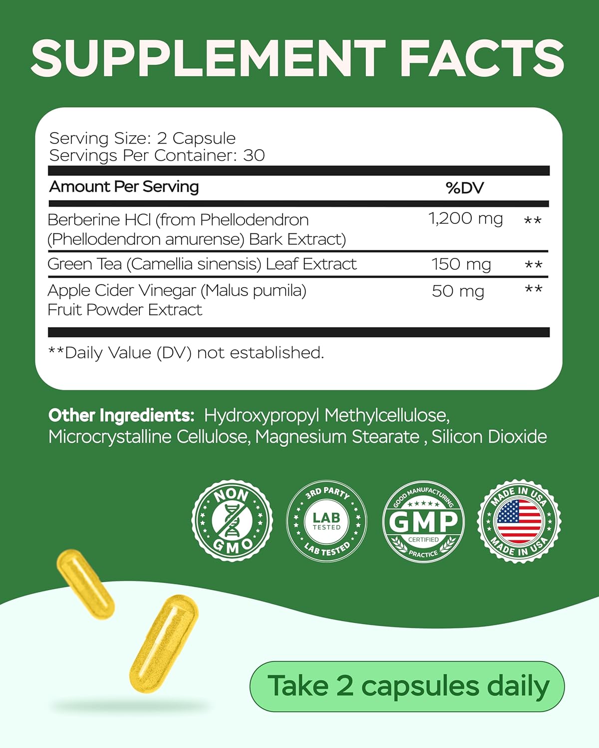 Berberine HCL Supplement - Triple Strength GLP-1 Activator with Apple Cider Vinegar & Green Tea Extract - Body Composition Support, Digestive Health, Support Heart Health, Immune System (60 Capsules)