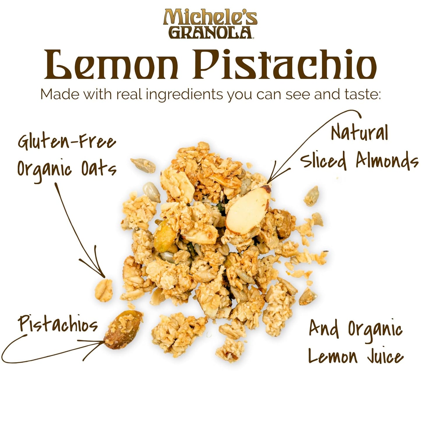 Michele's Granola - Lemon Pistachio - Handmade Non-GMO Whole Grain Oats - Free of Gluten, Soy, Wheat, & Dairy