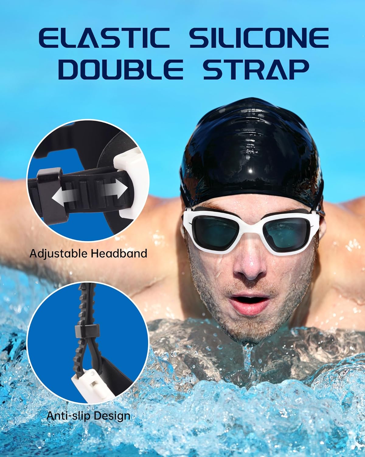 Swim Goggles, Goggles Adult with Swimming Cap, Nose Clip & Ear Plugs, UV Protection Anti-Fog Lens and Case for Adult