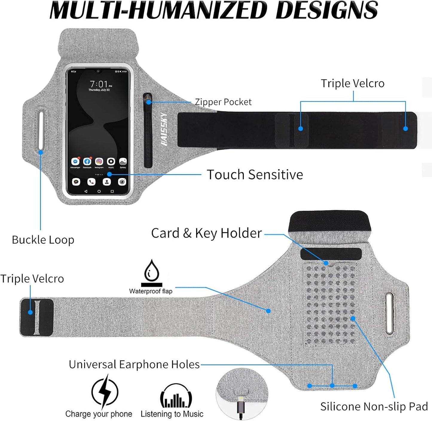 Running Armband with Earphone Bag Cell Phone Armband for iPhone 16 15 Pro 14 Plus 13 11 XR XS, Galaxy S24/S10 Water Resistant Sports Phone Holder Case & Zipper Slot Car Key Holder for 6.7 inch Phone