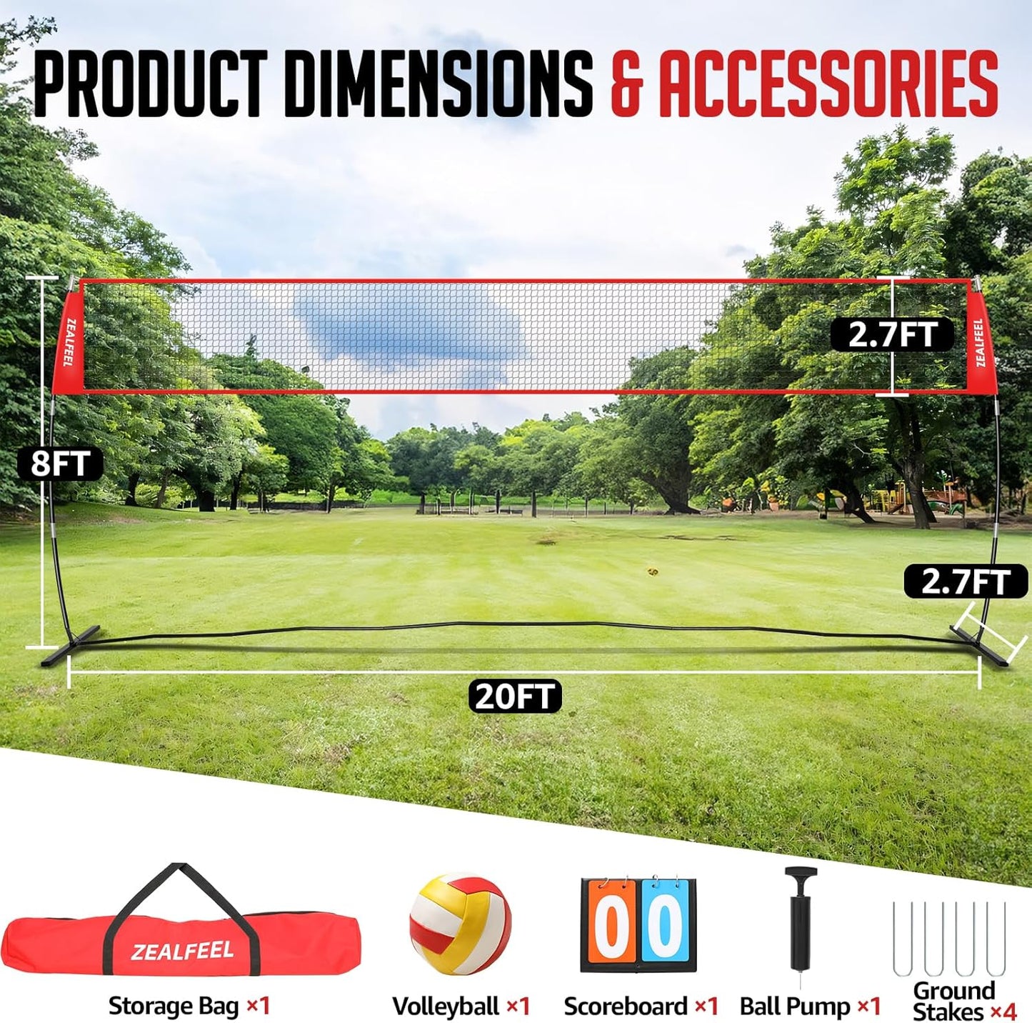 Volleyball Net, 12ft/20ft Training Set Height Adjustable, Portable Freestanding Practice for Hitting or Serving Drills, Pop up With Carry Bag for Backyard or Outdoor