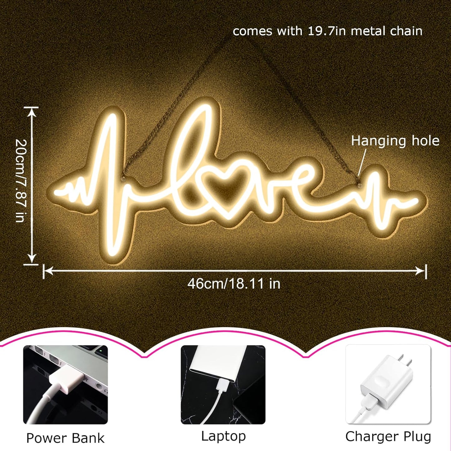 Love Neon Signs LED Heartbeat Shape Night Lights Sign for Wall Decor USB Power Swith Light up Sign for Man Cave Home Room Christmas Club Valentines' Day 5v (18.11"X7.87")