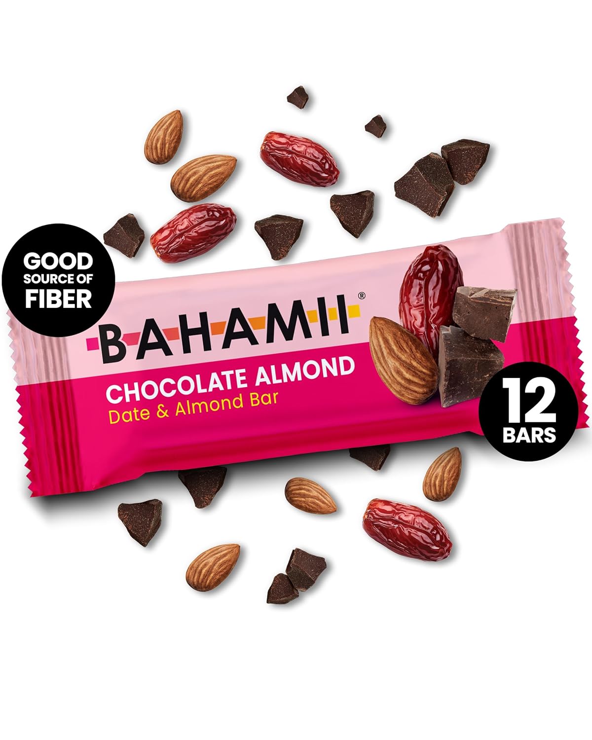 Bahamii Chocolate Almond Nut & Date Bars, 12 Pack, Gluten Free & 0g Added Sugar Low Calorie Snacks, Delicious Snack Bar with Almonds, Dates, Organic Cocoa, Vanilla, Sea Salt, Diabetic Snacks