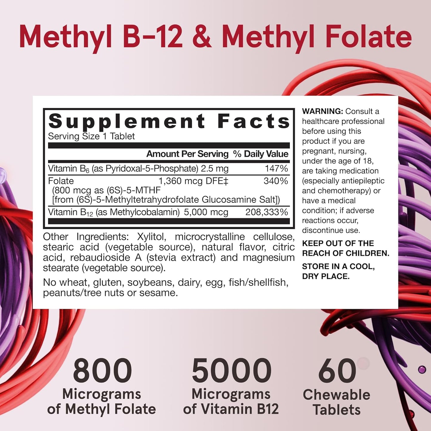 Jarrow Formulas Ultra Strength Methyl B-12 5000 mcg & Methyl Folate 800 mcg + P-5-P, Dietary Supplement for Cellular Energy Metabolism and Cardiovascular Support, 60 Chewable Tablets, 60 Day Supply