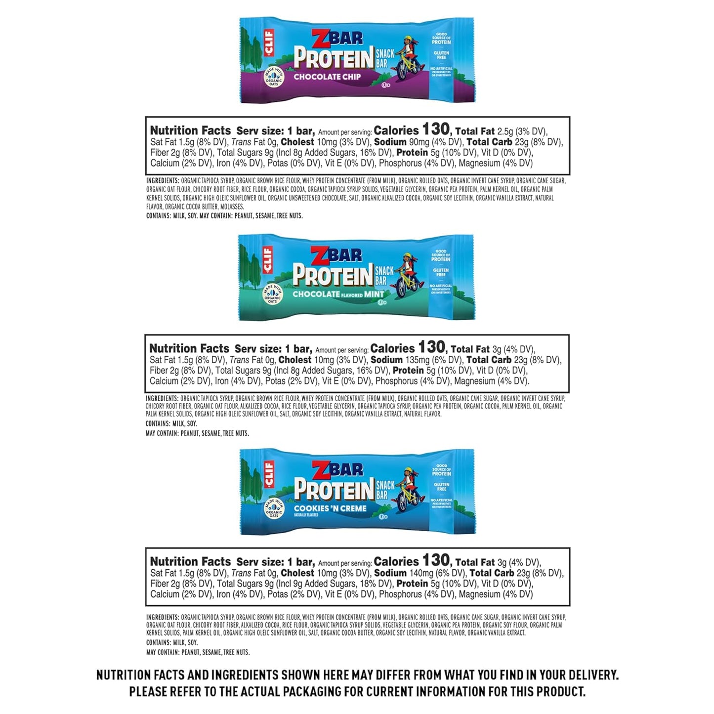 Zbar Protein - Chocolate Chip, Chocolate Mint, Cookies 'n Creme - Variety Pack - Crispy Snack Bars - Made with Organic Oats - Non-GMO - 5g Protein - Gluten Free Protein Bars, School Snacks (18 Pack)