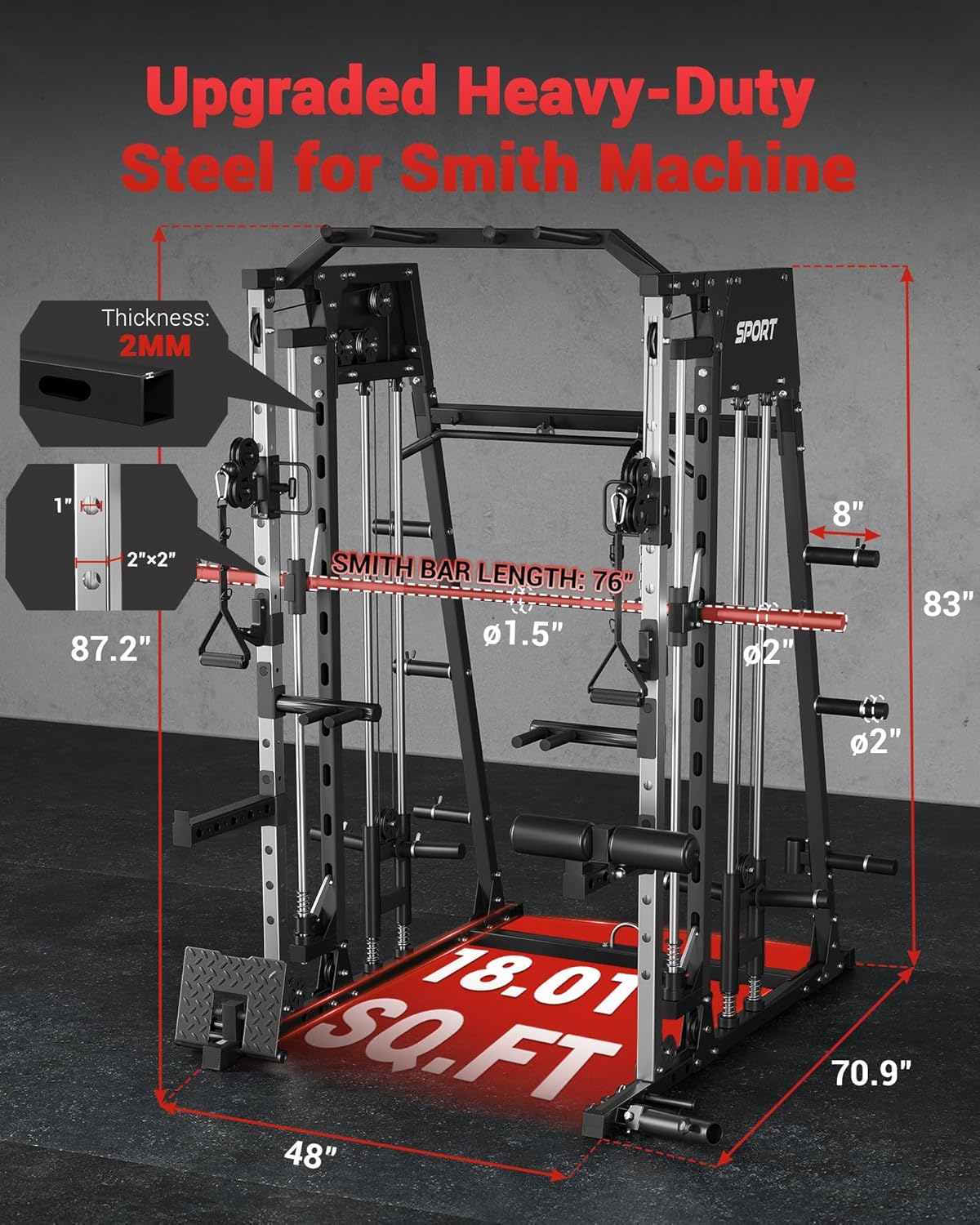 Smith Machine Home Gym All in One, 2200LBS Squat Rack Power Cage with Smith Bar, LAT Pull-Down, Cable Systems, Leg Hold-Down and More Attachments, Workout Equipment (Red Black)