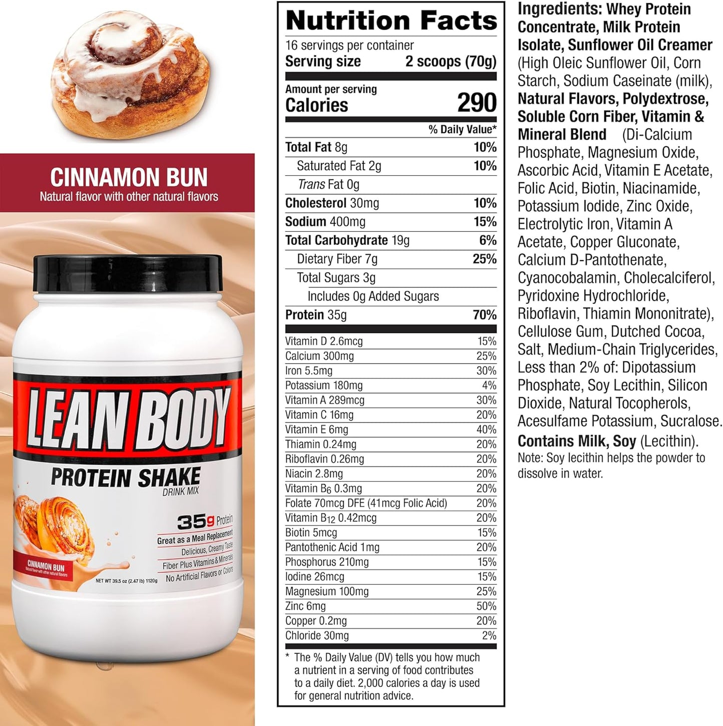 Labrada Nutrition Lean Body Hi-Protein Meal Replacement Shake, Cinnamon Bun, 2.47 Pound Packaging May Vary