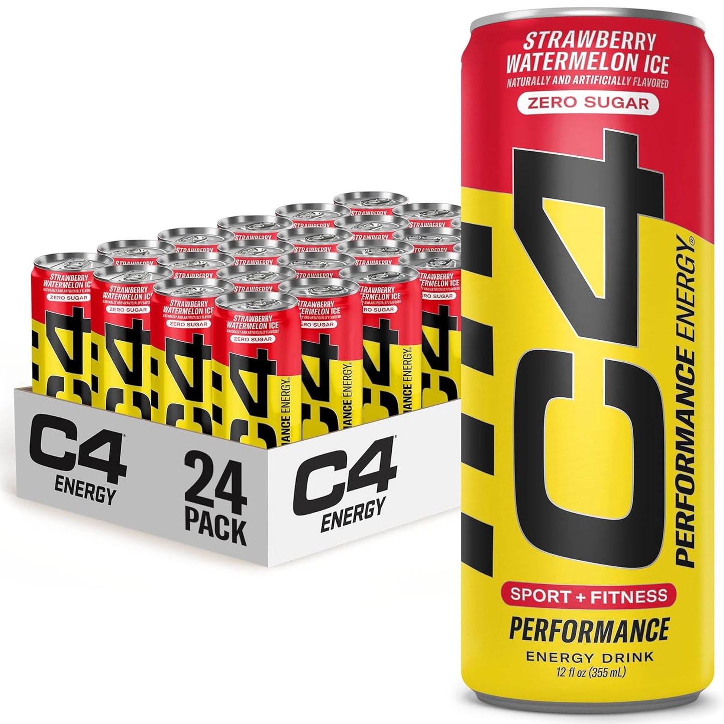 C4 Energy Drink 12oz (Pack of 24) - Strawberry Watermelon Ice - Sugar Free Pre Workout Performance Drink with No Artificial Colors or Dyes