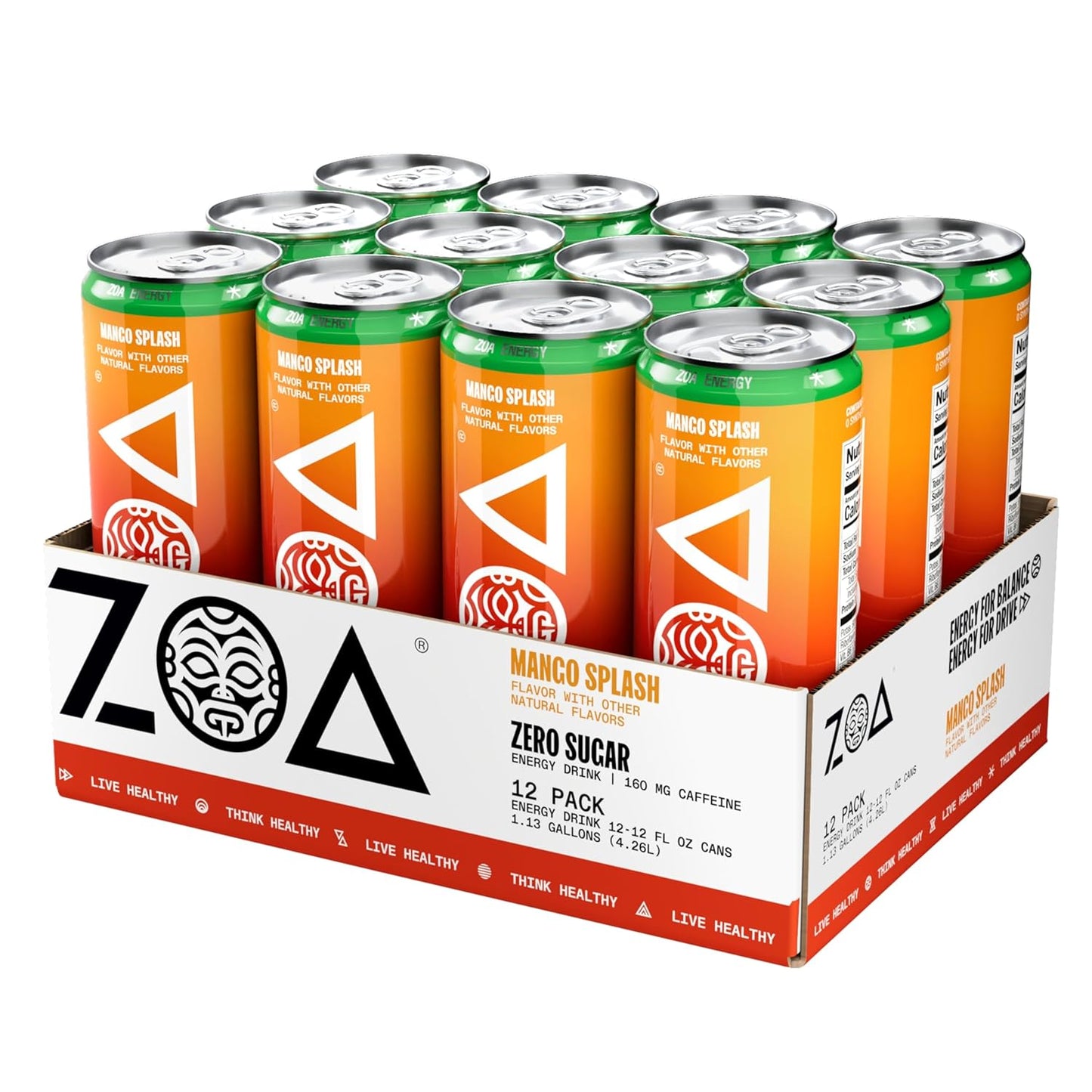 ZOA Zero Sugar Energy Drinks, Mango Splash - Sugar Free with Electrolytes, Healthy Vitamin C, Amino Acids, Essential B-Vitamins, and Caffeine from Green Tea - 12 Fl Oz (Pack of 12)