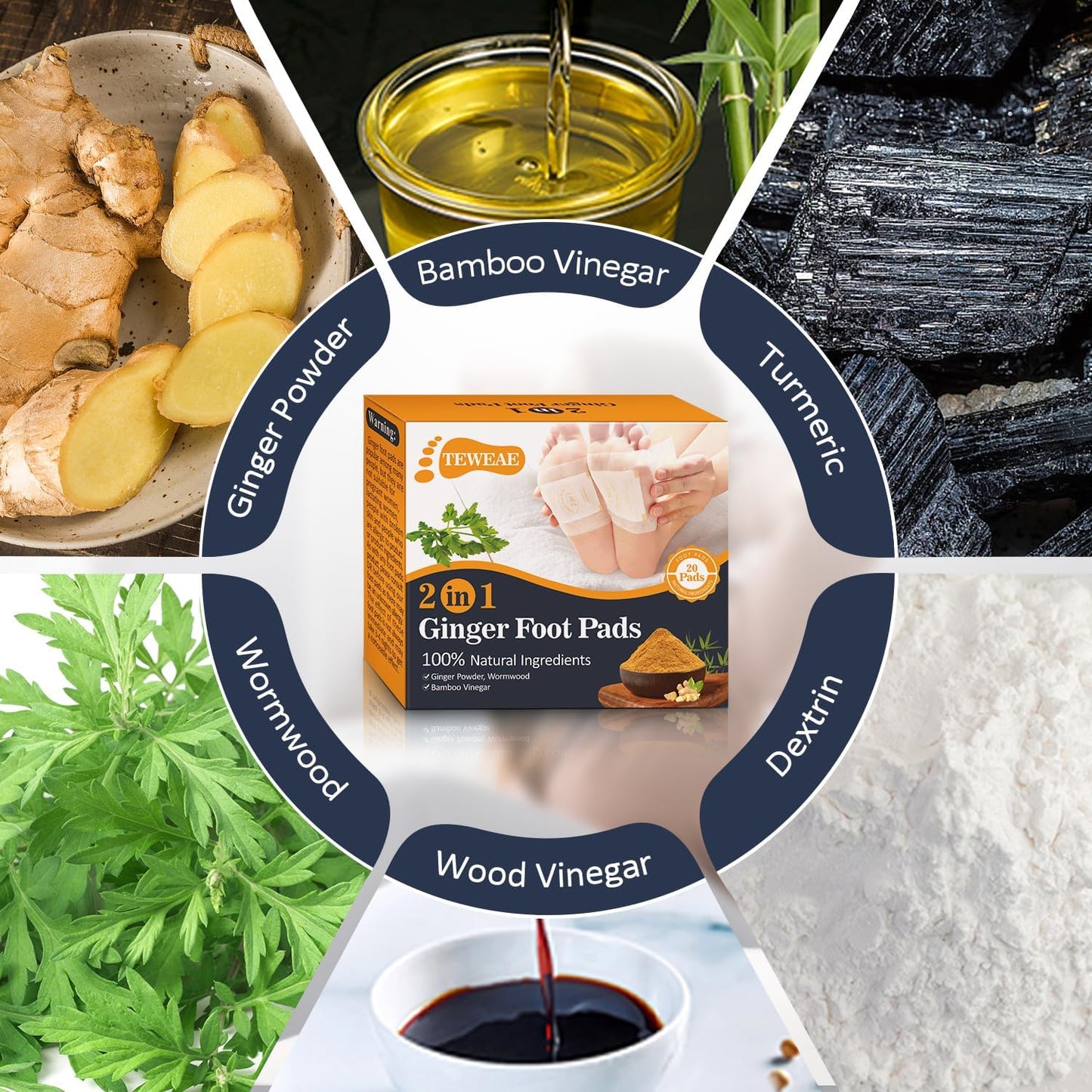 2 in 1 Foot Pads, 20 Pads Tear and Use Pure Ginger Bamboo Wormwood Foot Pads, Bigger Adhesive ''Stay in Place'' Goodnight Pads