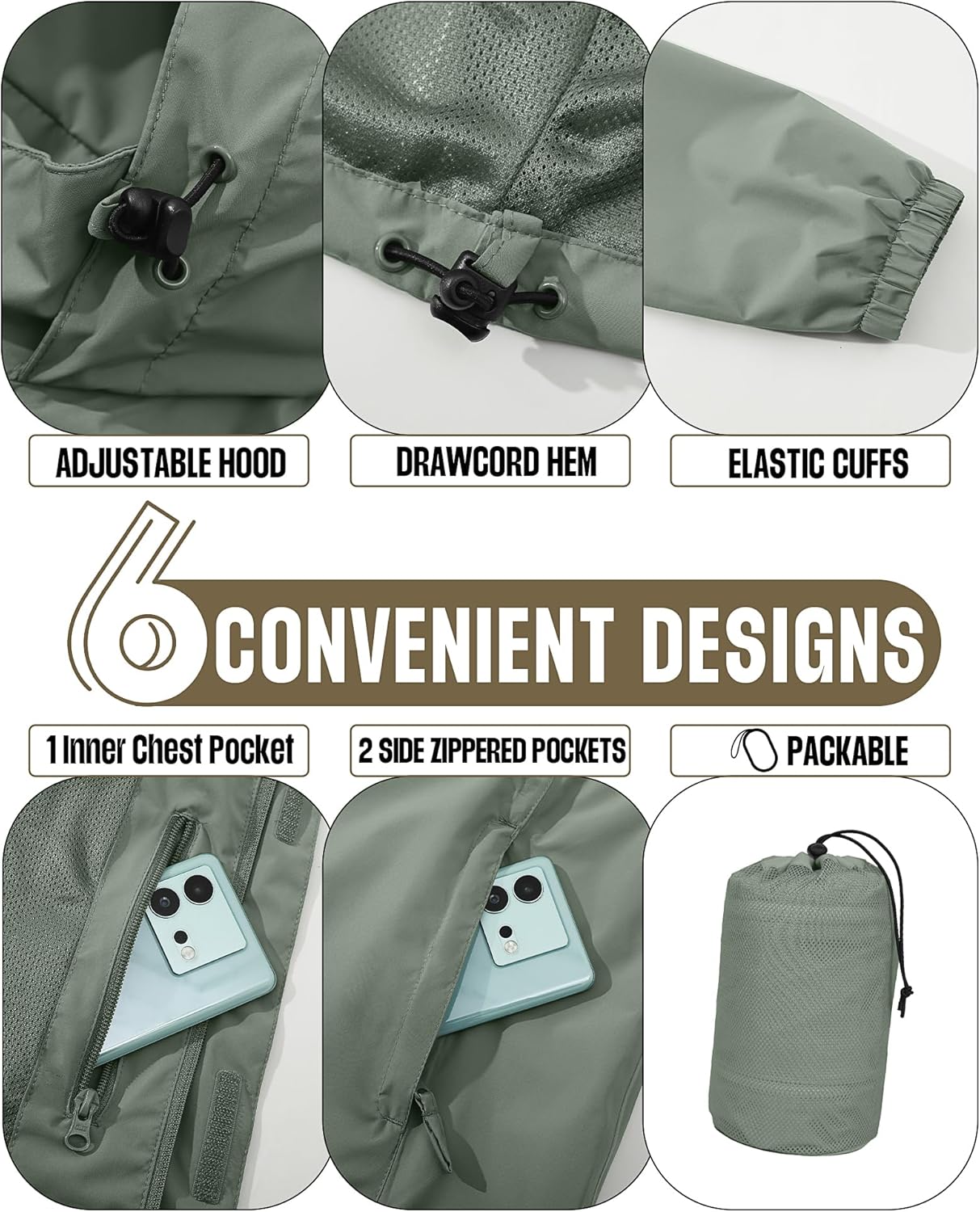 33,000ft Men's Packable Rain Jacket Waterproof Lightweight Raincoat Rain Shell with Hood for Outdoor Hiking Golf Travel