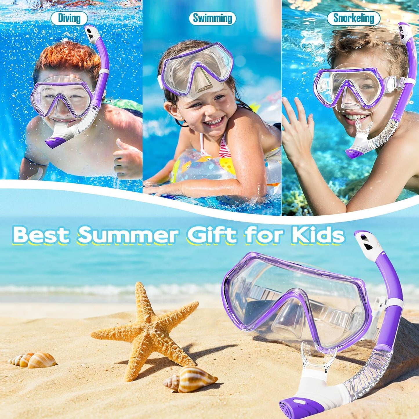 Snorkeling Gear for Kids, Kids Snorkel Set for Ages 3-14, Anti-Fog Diving Mask and Dry Top Snorkel Combo Set, Unisex Swimming Goggles