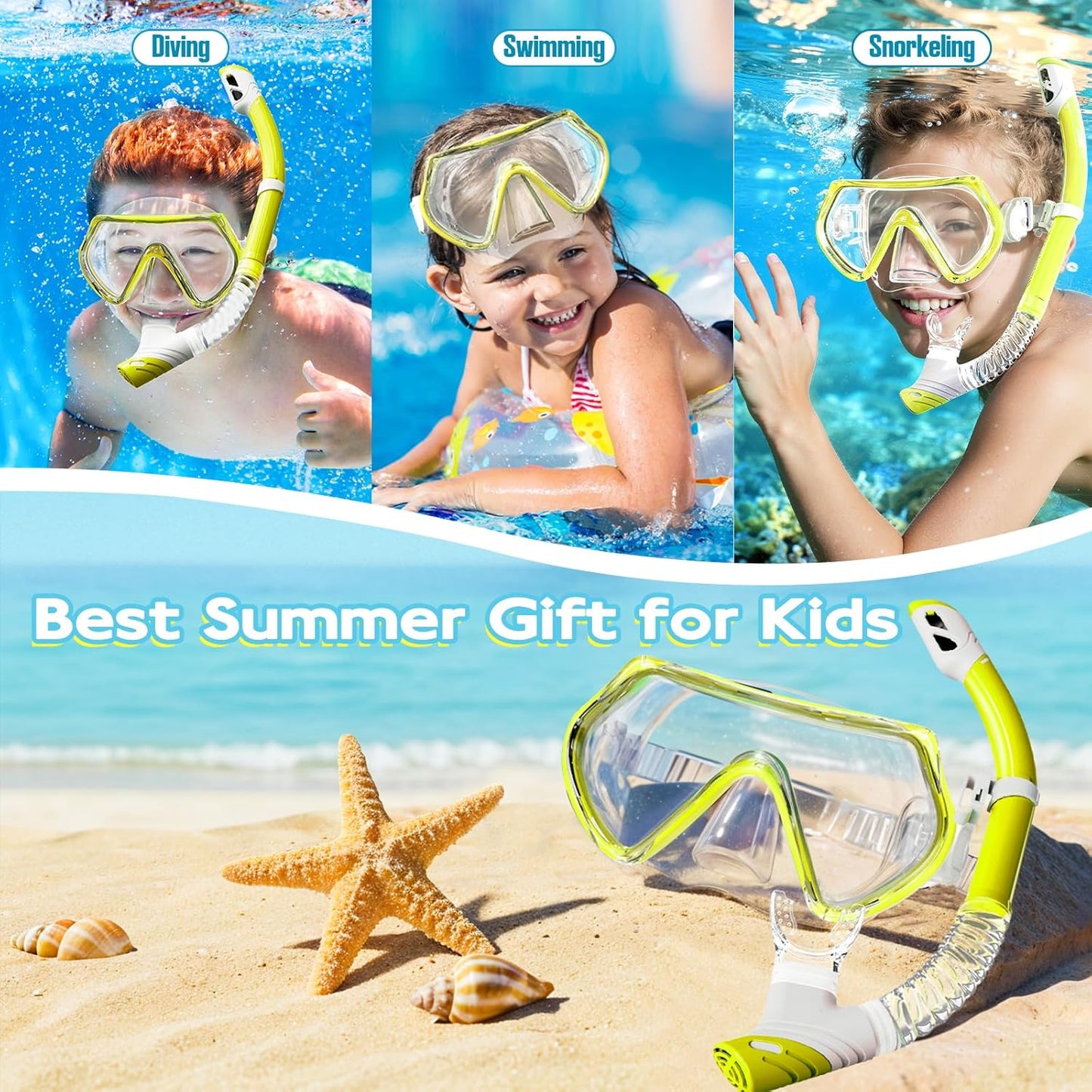 Snorkeling Gear for Kids, Kids Snorkel Set for Ages 3-14, Anti-Fog Diving Mask and Dry Top Snorkel Combo Set, Unisex Swimming Goggles