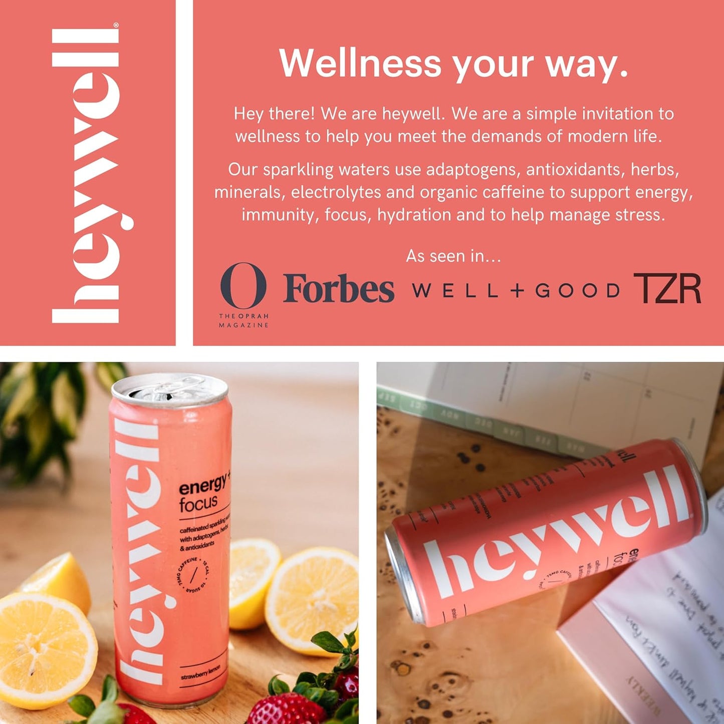 Heywell Sparkling Adaptogenic Water Energy and Focus, Strawberry Lemon Flavor 12 Fluid Ounce (Pack of 12) - Caffeinated, Organic, Non GMO, Vegan, Gluten Free, Dairy Free