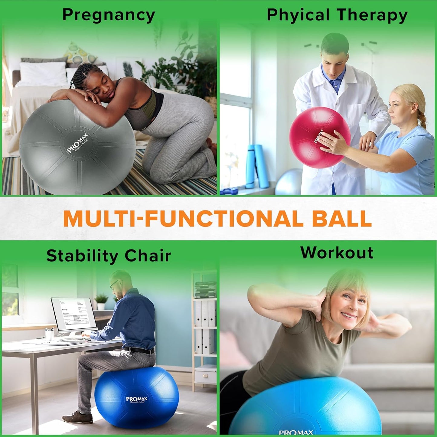 SmarterLife PRO MAX Workout Exercise Ball for Fitness, Yoga, Balance, Stability, or Birth Ball for Pregnancy and Labor, Great as Yoga Ball Chair for Office or Home Gym Equipment