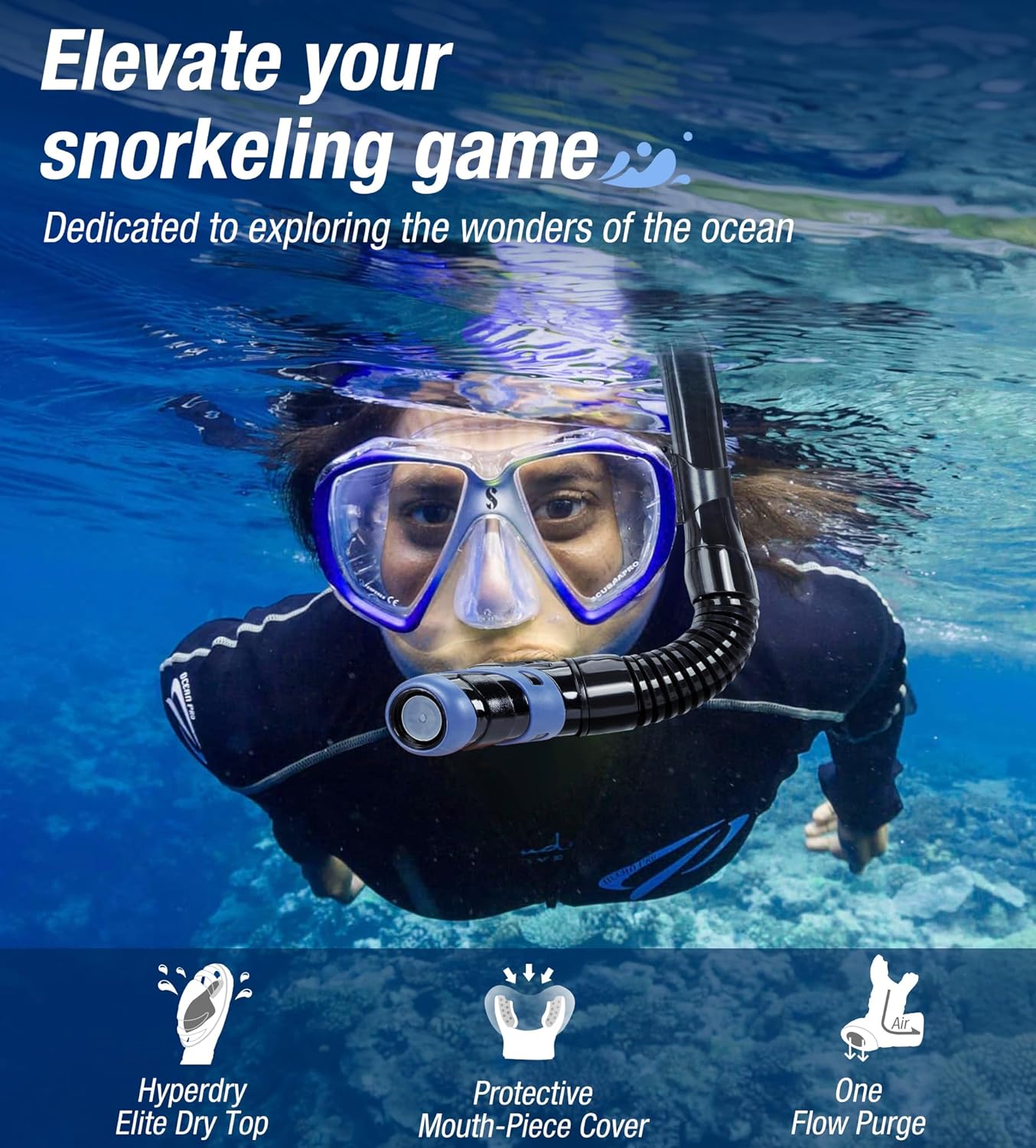 Aegend Dry Snorkel, Dive Mask Easy-Breath Free Diving Snorkel for Snorkeling Scuba Diving Freediving Swimming, with Top Dry Valve and Food-Grade Silicone Mouthpiece