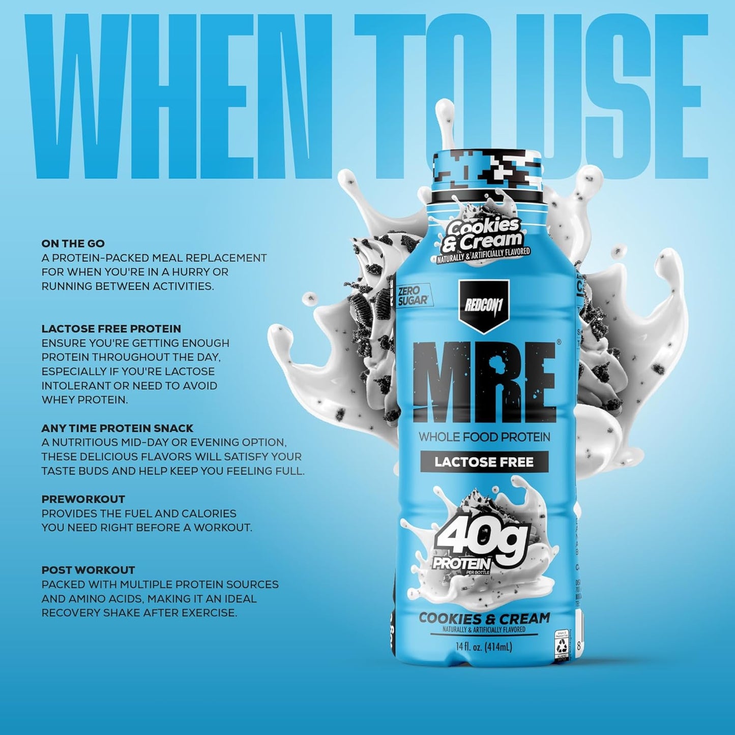 REDCON1 MRE Ready to Drink Protein Shake, Cookies & Cream - Lactose + Whey Free RTD 40gr Protein Made with Real Whole Food Protein Blends - Keto-Friendly and Easy to Digest Nutritional Shake (12 Pack)