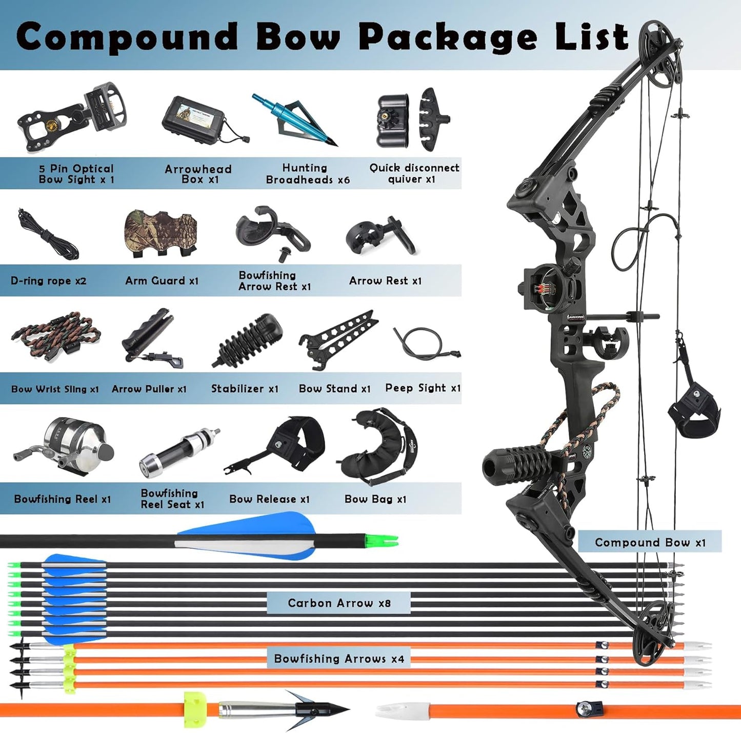 Archery Bowfishing Compound Bow Kit Ready to Fish Kit with Bowfishing Reel, Bow Fishing Arrows Right & Left Handed for Adult/Youth Fishing Hunting Target Shooting
