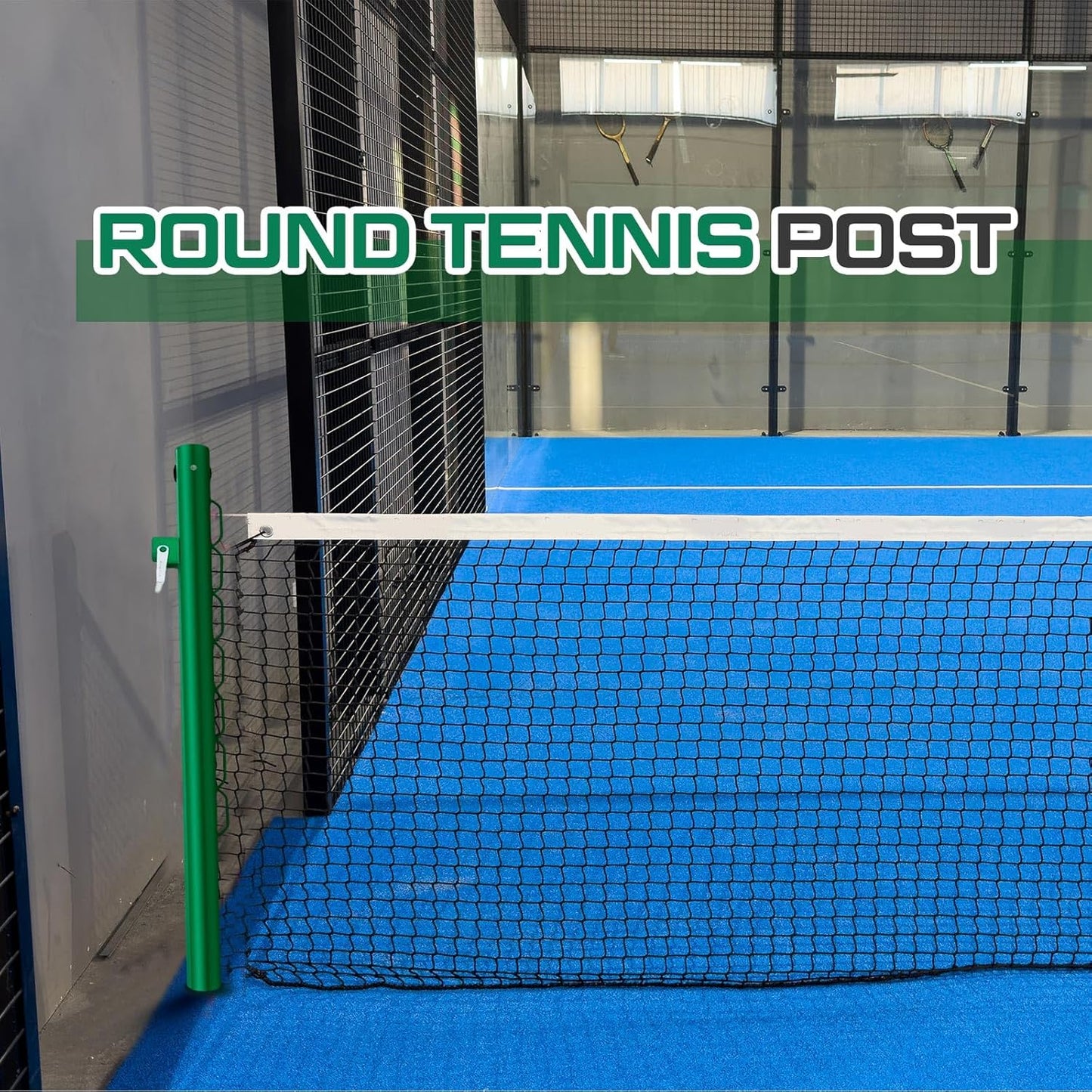 Tennis Posts with Net Crank Outdoor Heavy Duty Professional Green Tennis Permanent Court Kit for Net Quick Fixation System Equipped with a Cable Reel