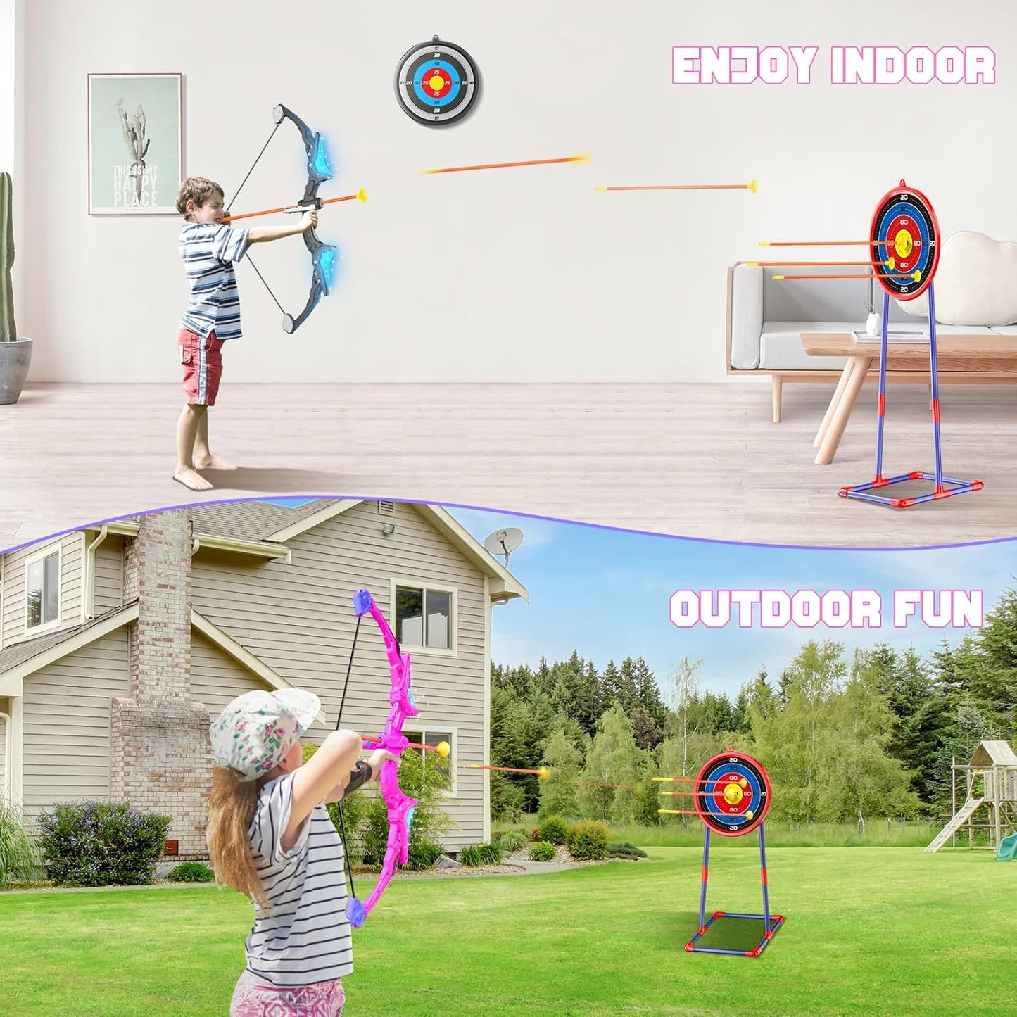 2 Pack Kids Bow and Arrow, 20 Suction Cup Arrows, 2 Archery Targets&Quiver, Light-up Set for Kids Ages 4-8 8-12, Indoor Outdoor Toys for Boys Girls, (Black & Pink)