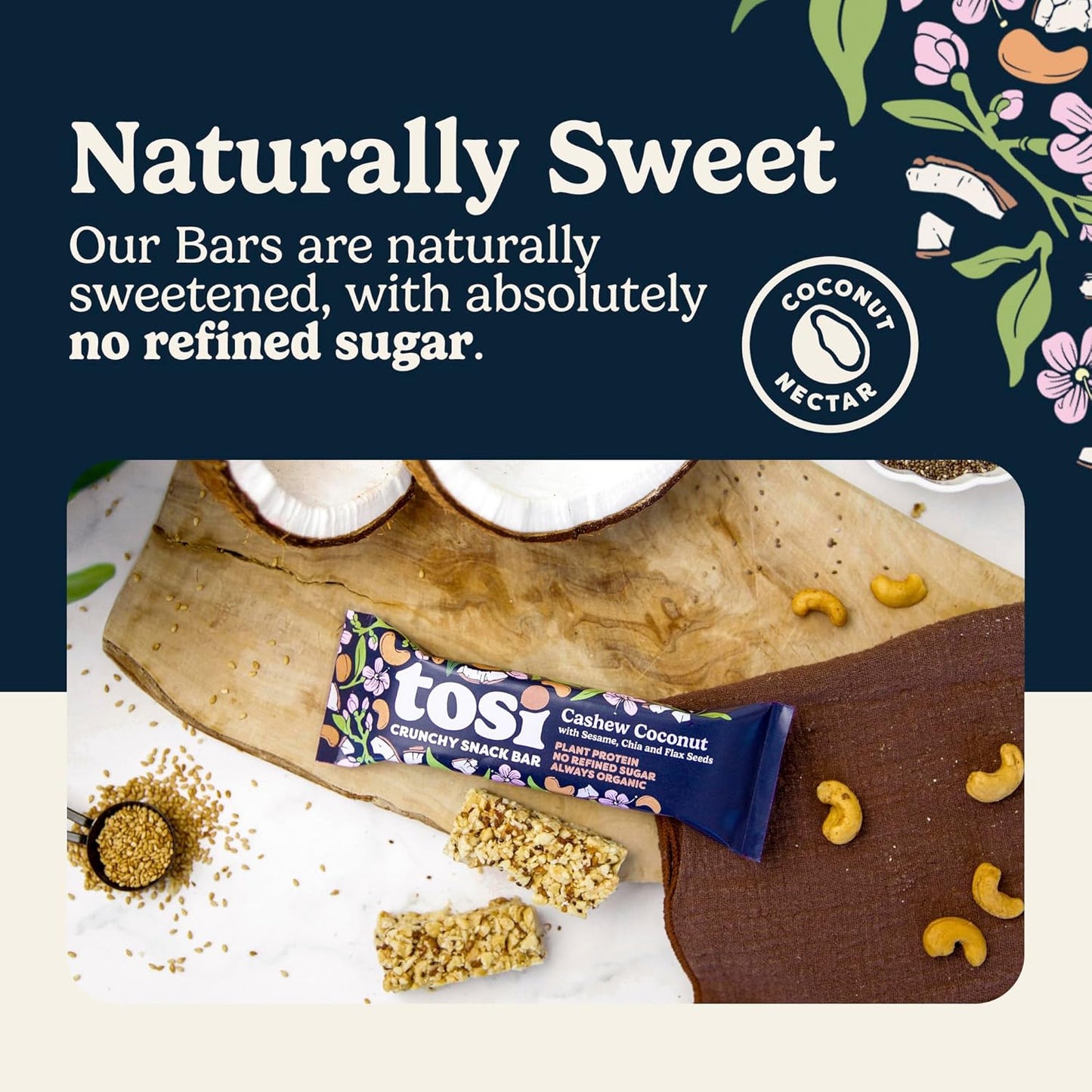 Tosi Cashew Coconut Protein Bars - Crunchy Nut & Seed Vegan Snack Bars, Gluten Free, 6g Plant Based Protein, Organic Flax, Chia, Sesame Seeds, Omega 3s, Low in Sugar, Dairy Free, No Soy - 1 oz 12-Pack