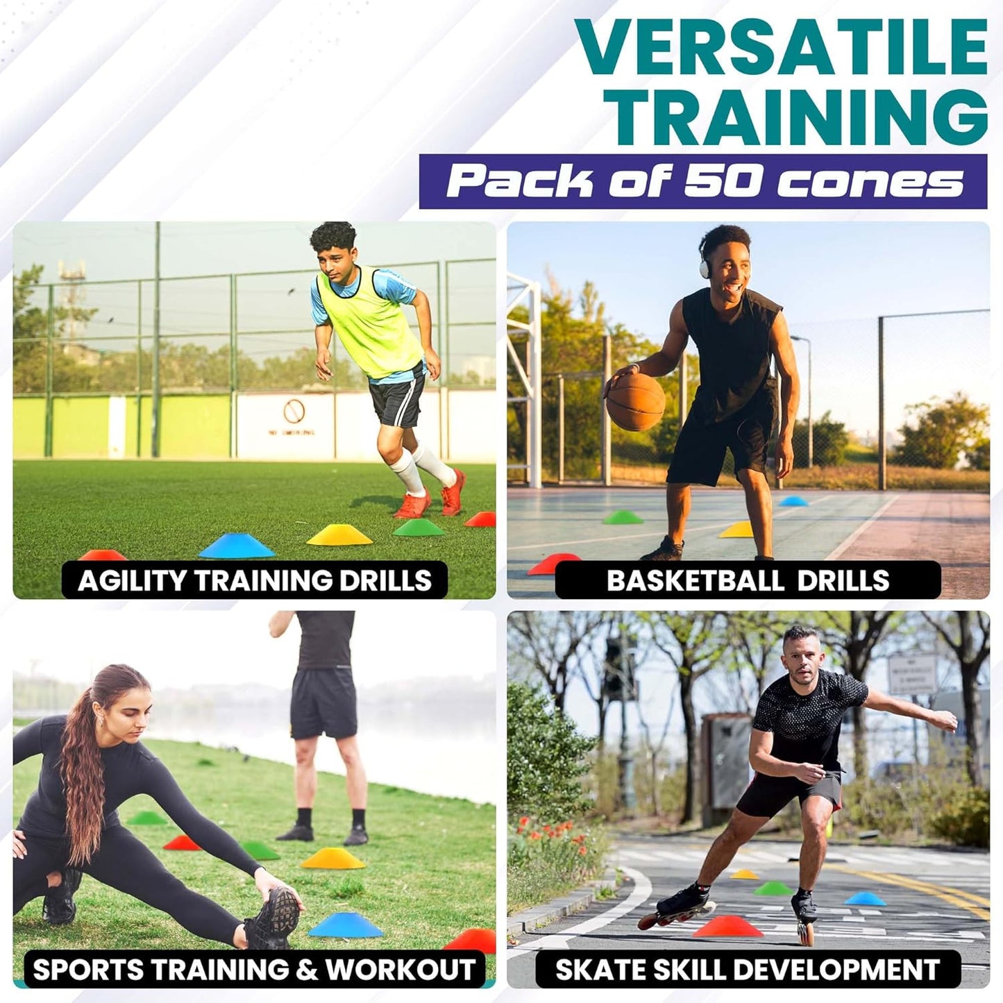 Training Soccer Cones 25/50/100 Pack with Carry Bag & Holder – 5 Colors – Agility Disc Cones Set Sports Practice Equipment for Soccer, Football, Basketball, Coaching & Speed