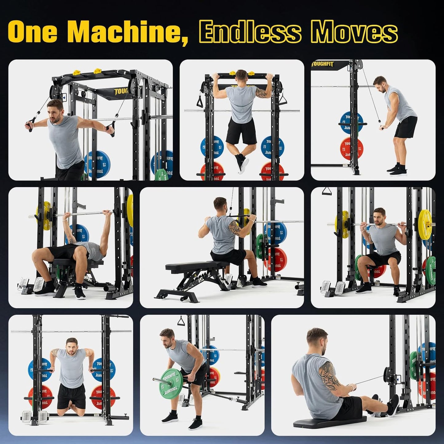 F4 Smith Machine, Power cage with Adjustable Cable Crossover System, All-in-One Squat Rack Training Equipment for Home Gym
