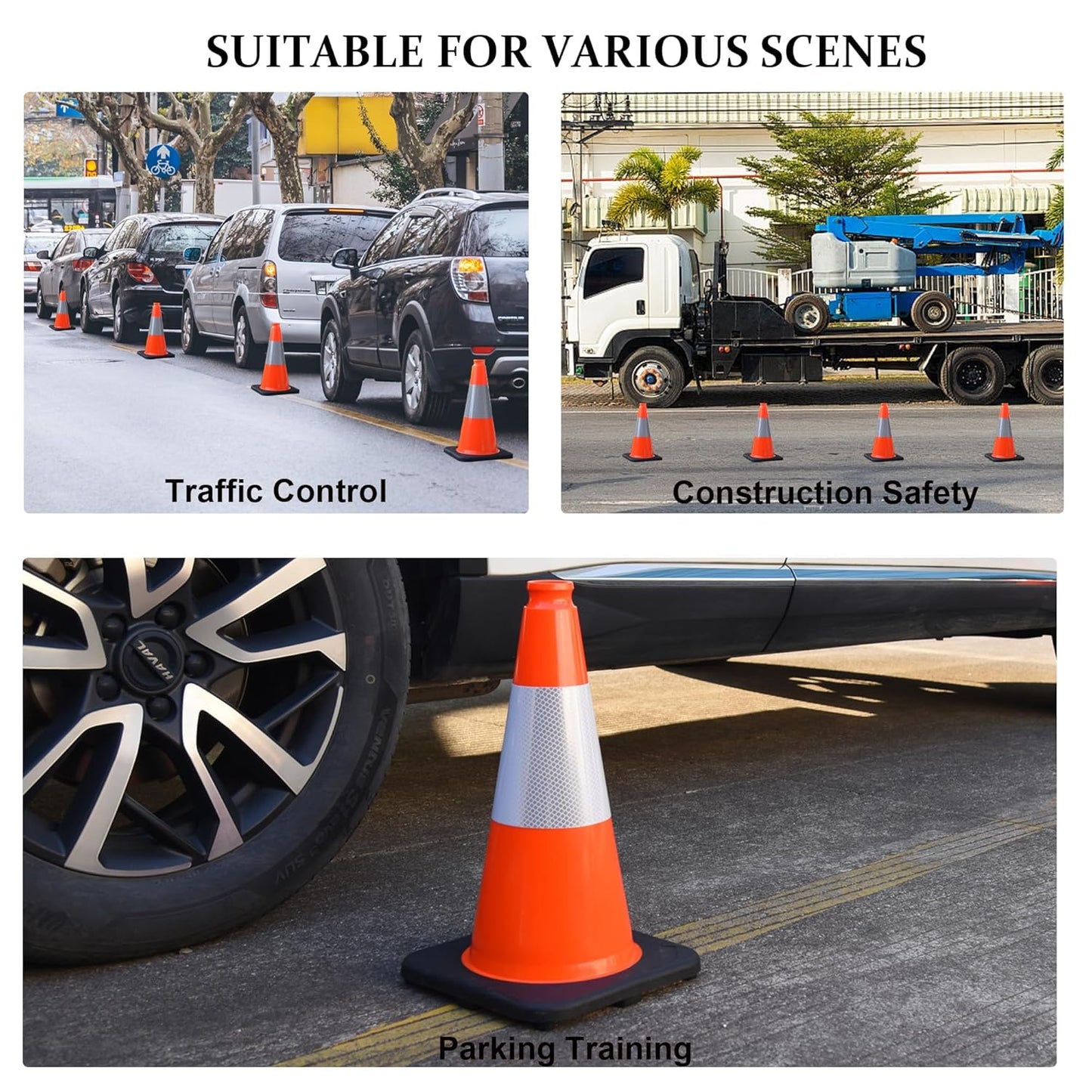 OrangeStar 4-Pack 18" Traffic Cones with Weighted Rubber Base, 6" Reflective Collar, Orange Safety Cones for Parking Lot, Road Construction, Warehouse, Highway, Weatherproof PVC