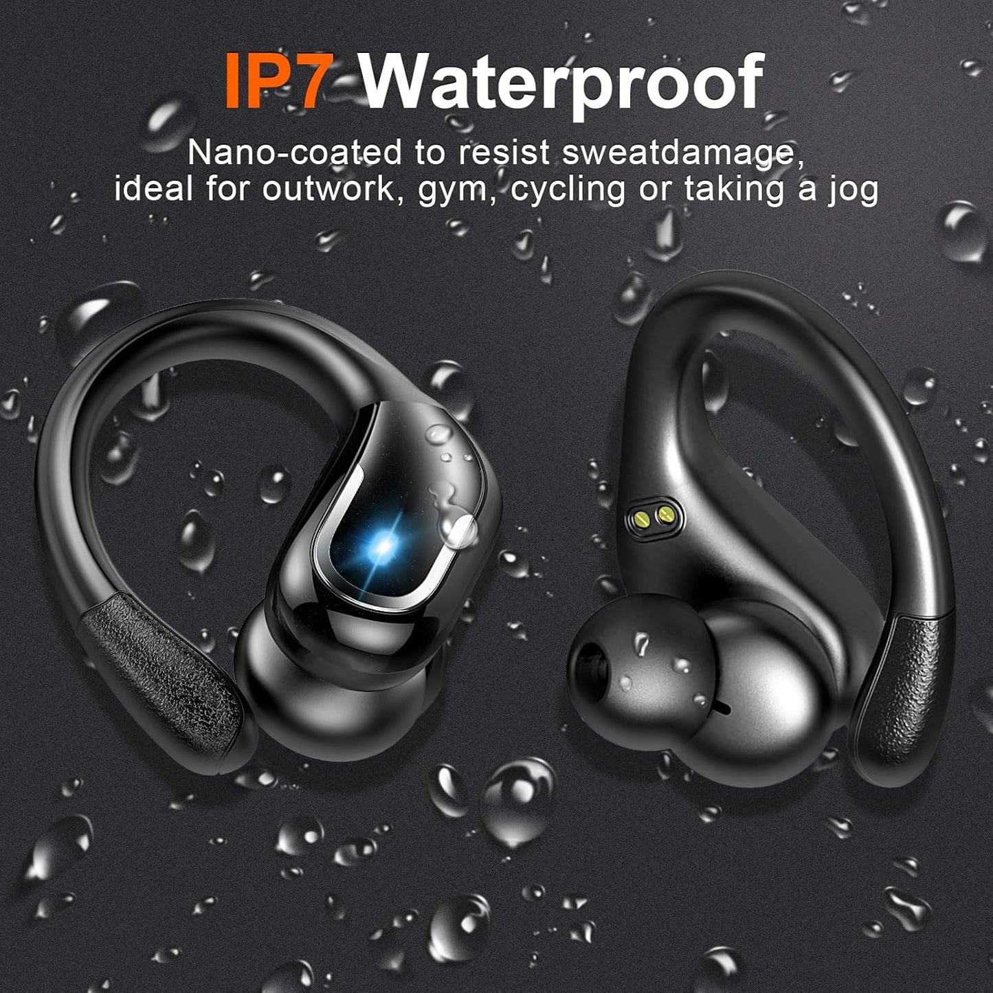 Ltinist Wireless Earbud, Bluetooth 5.3 Headphones Pure Bass Sound with Earhooks, 75H Battery Over Ear Headphones with Dual-LED Display, IP7 Waterproof Earphones Built-in Microphone for Running Sports