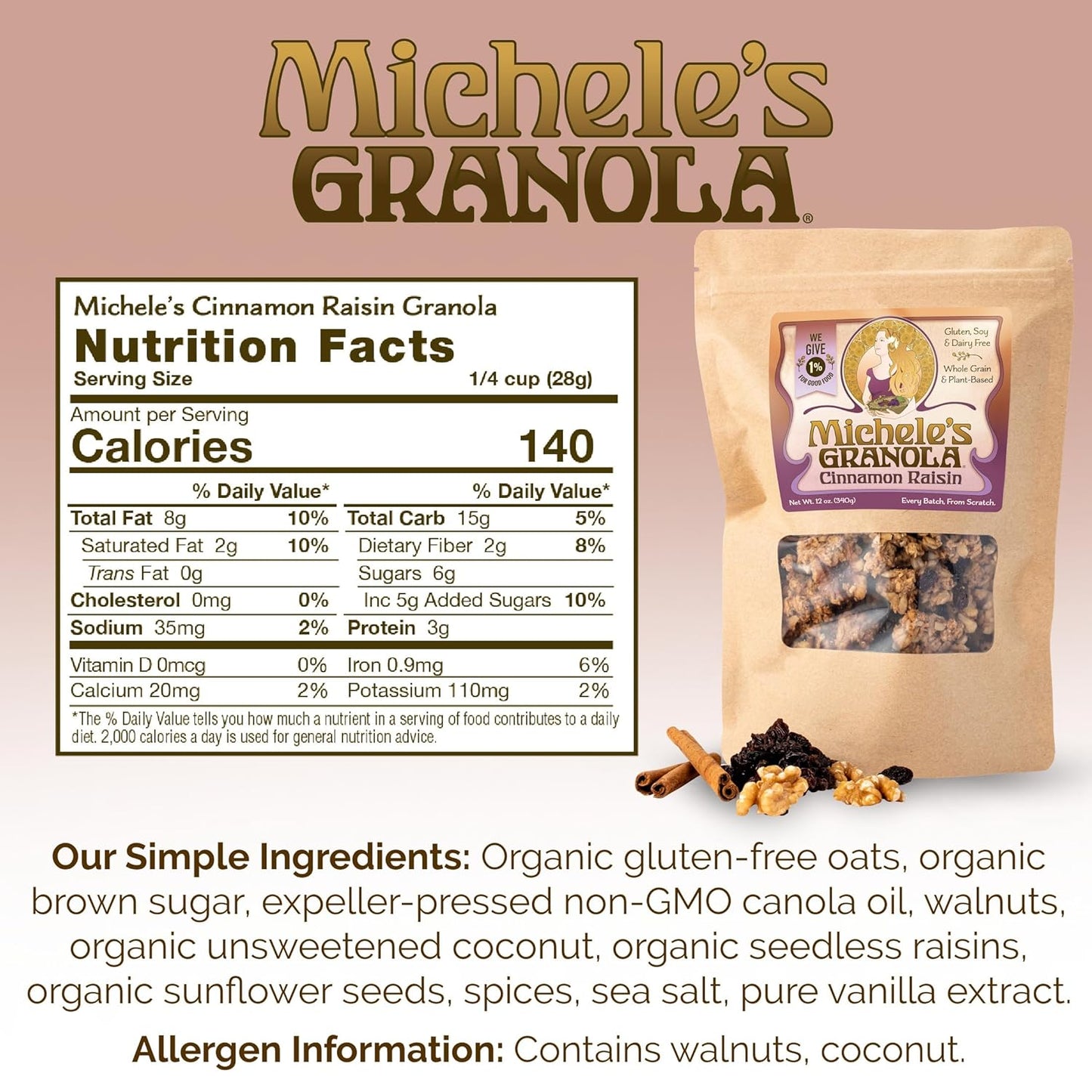 Michele's Granola - Cinnamon Raisin - Handmade Non-GMO Whole Grain Oats - Free of Gluten, Soy, Wheat, & Dairy