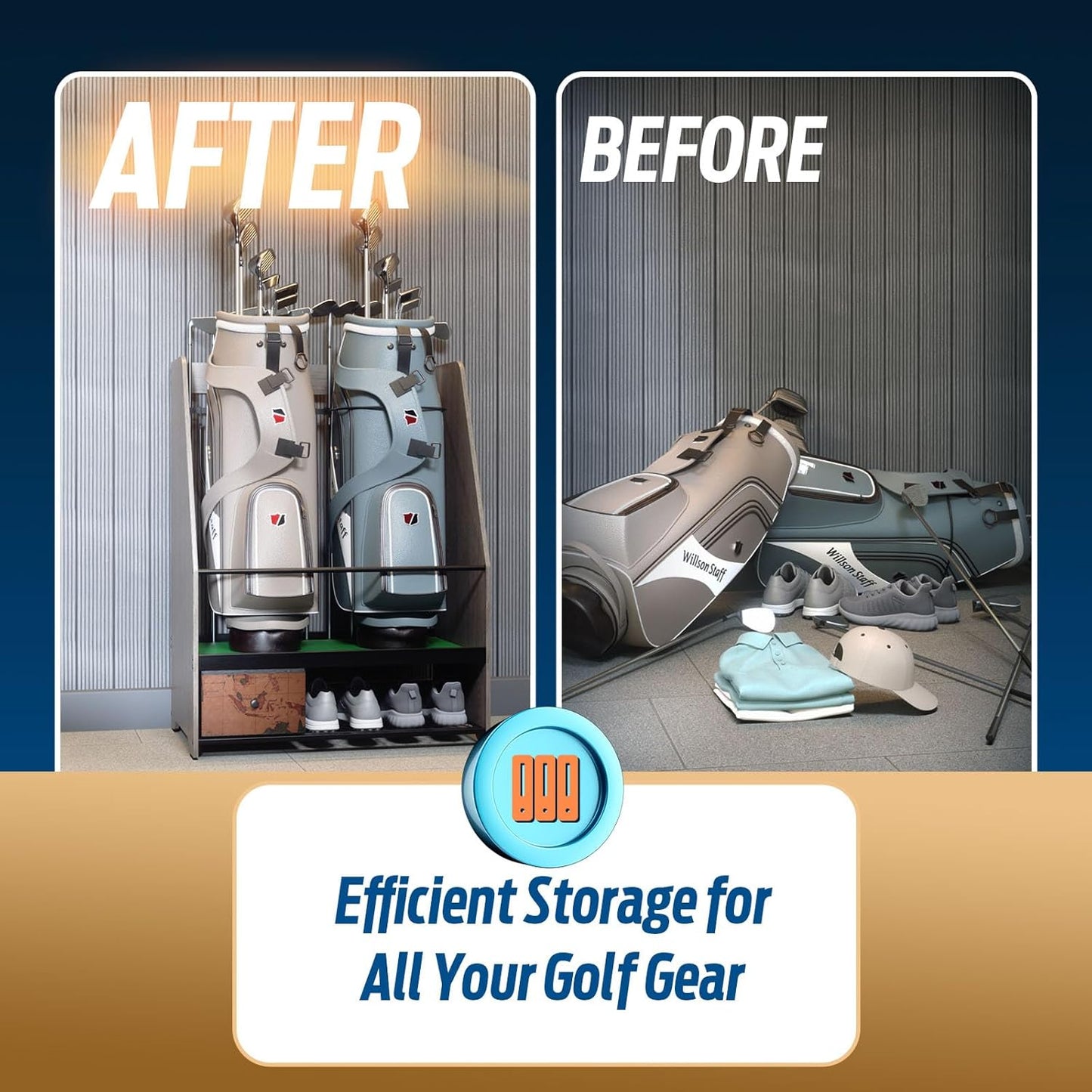 Golf Bag Organizer Storage for 2 Bags with Drawer – Easy Assemble Golf Club Stand Ideal for Garage, Clubs and Basement