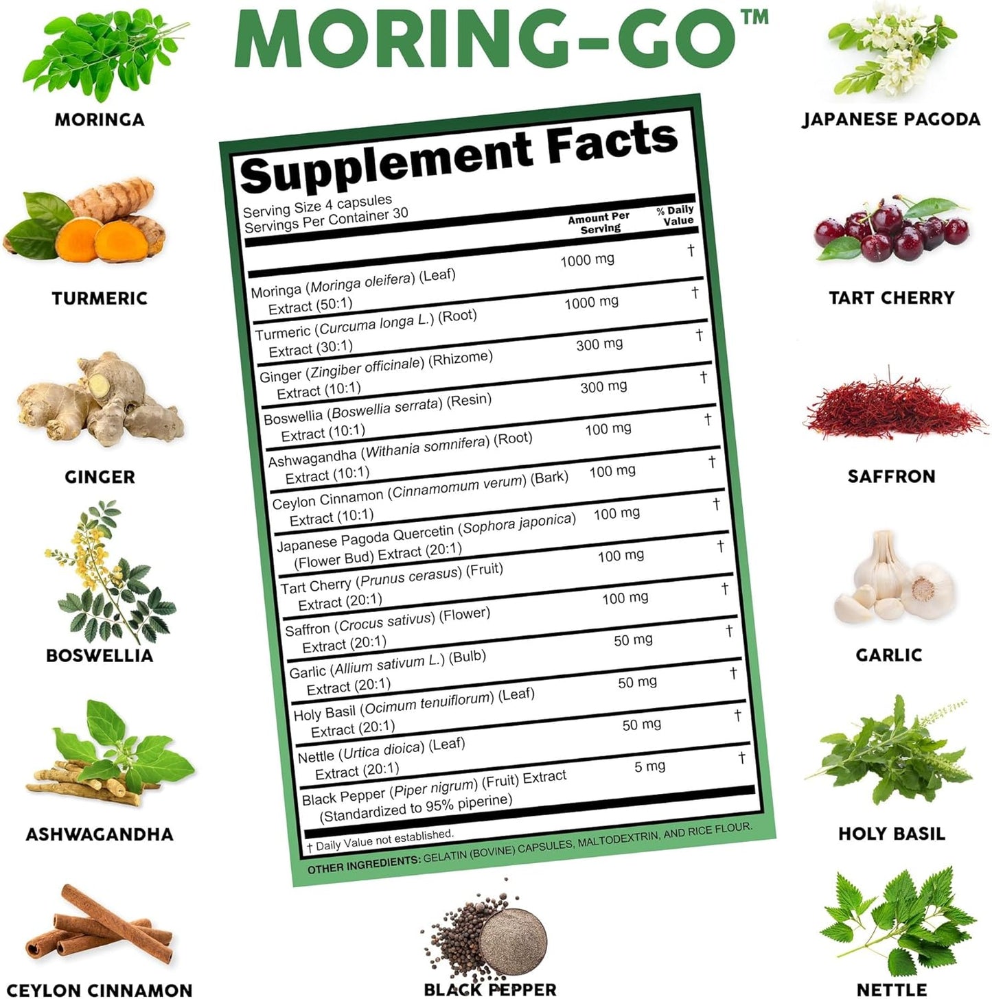 Moringa Powder Capsules + Turmeric Moringa Leaf Ceylon Cinnamon Ashwagandha Ginger Tart Cherry Boswellia Quercetin Garlic Holy Basil Saffron Nettle Black Pepper Moring-Go Supplement By Clean Nutra (2)