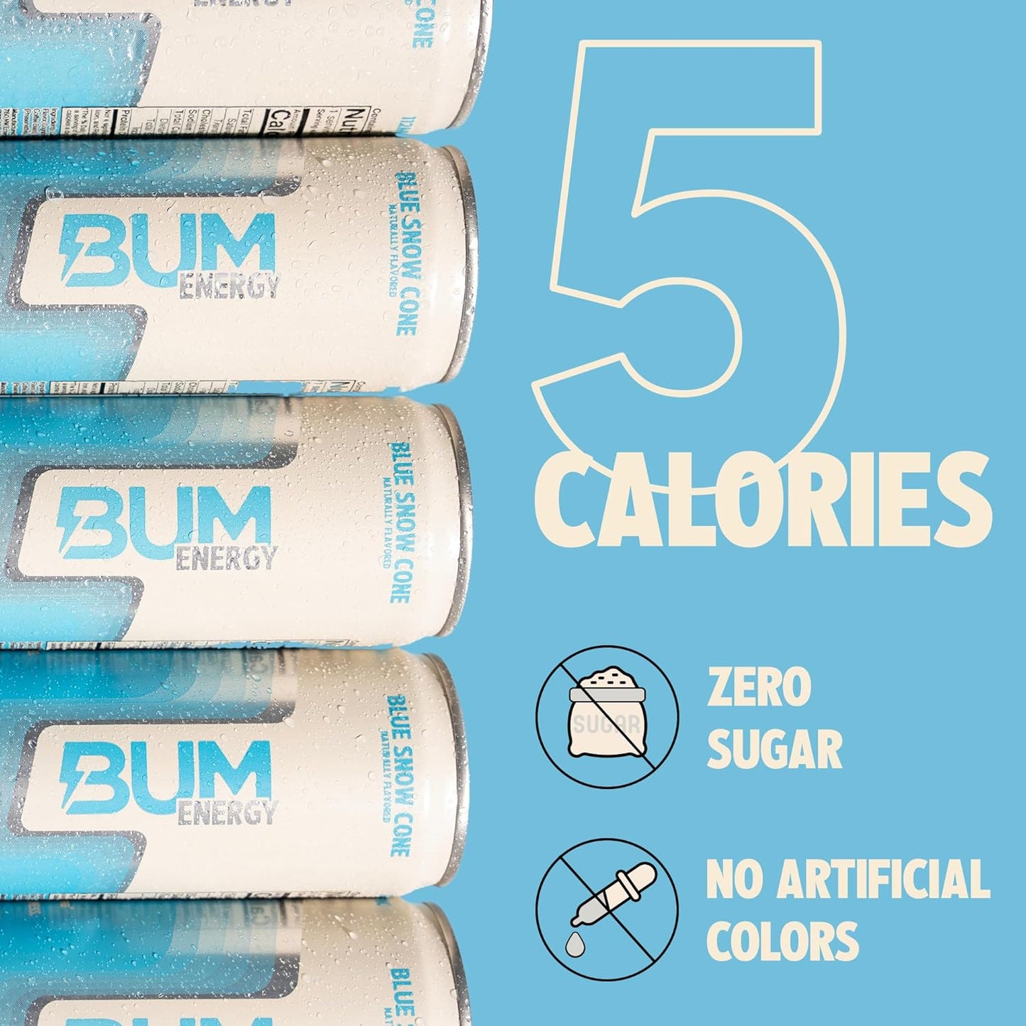 BUM Sugar-Free Energy Drink, Blue Snow Cone - Lightly Carbonated & No Artificial Colors, Natural Caffeine & Citicoline for Energy & Focus, Brain Boost & Workout Sports Beverage - 12 oz, Pack of 12