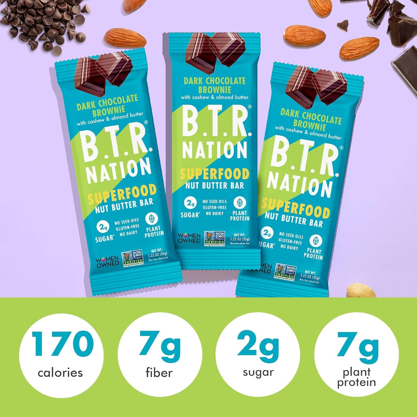 B.T.R. Nation Vegan Keto Superfood Protein Bars - Brownie RECHARGE | 4 Bars | Low Carb, Plant Based, and Gluten Free, Free of Sugar Alcohols and Boosted with Powerful Superfoods!