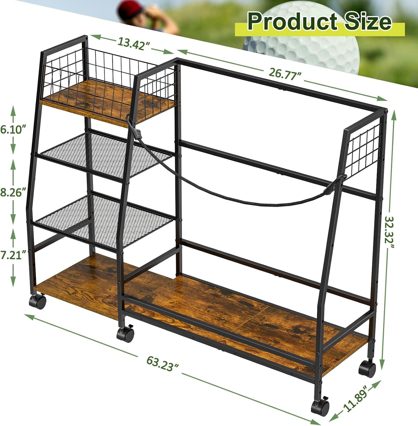 Golf Bag Storage Rack for Garage with Wheels, Organizer for 2 Golf Bag and Equipment Accessories, Golf Organizer Stand Ideal for Home, Garage, Club, Shed, Basement - Sturdy and Durable (Black)