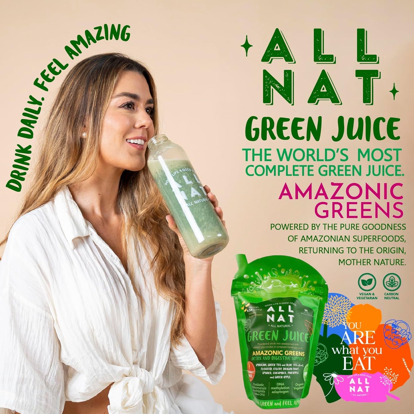 ALL NAT Super Greens Powder | Green Juice with 38 Superfoods, 11 Organic Nutrients, Amazonian Antioxidants | Gut Health, Detox & Immunity | Vegan, No Sugar – 30 Servings