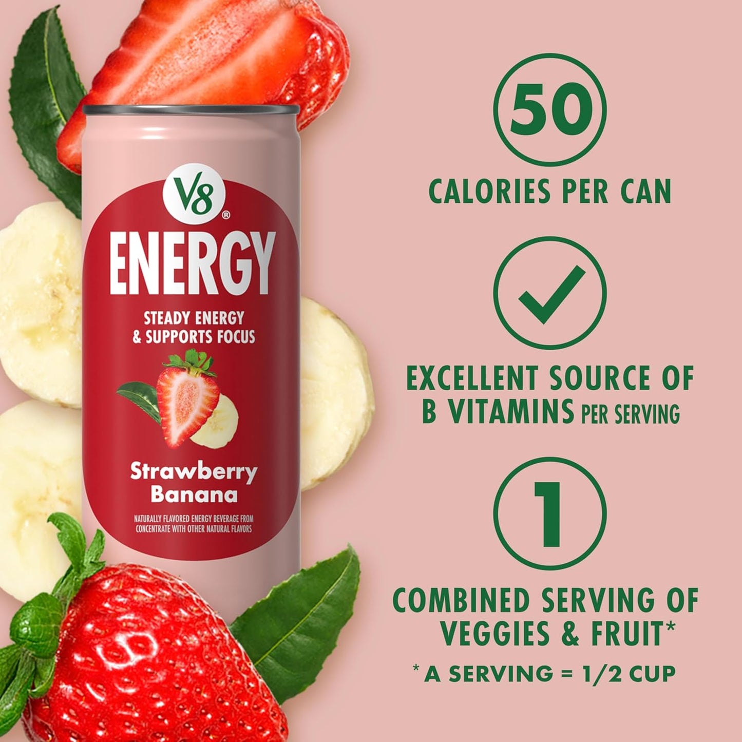 V8 +Energy Strawberry Banana Juice Energy Drink, 8 fl oz Can (24 Pack)