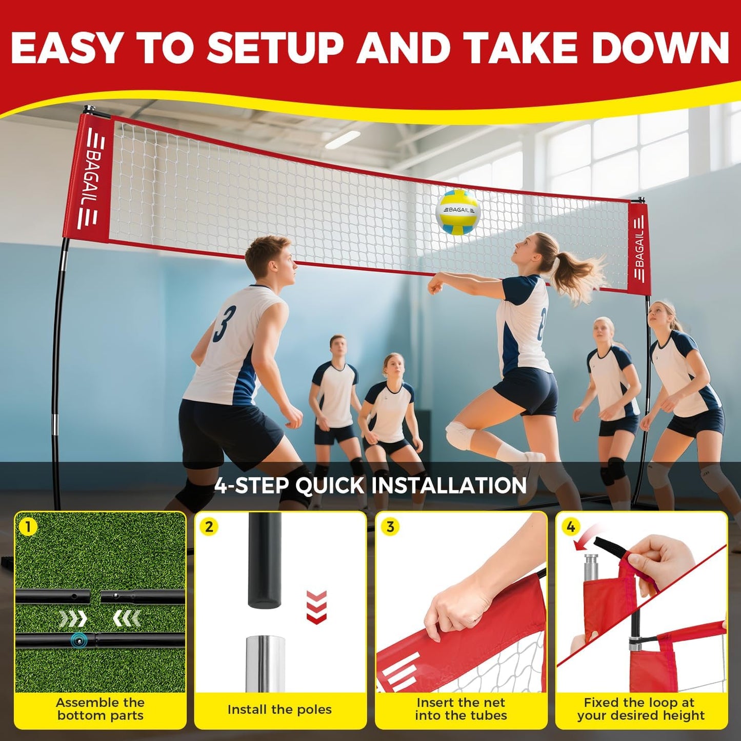 BAGAIL Volleyball Net, 12ft/20ft Portable Volleyball Net for Backyard - Adjustable Height, Heavy-Duty Frame, Freestanding Design - Portable Outdoor/Indoor Volleyball Set with Carry Bag