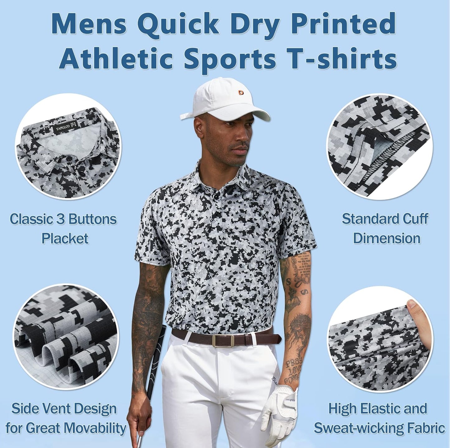 TAPULCO Mens Quick Dry Polo Shirts Camouflage Pattern Performance Athletic Lightweight Breathable Casual Golf Tshirts