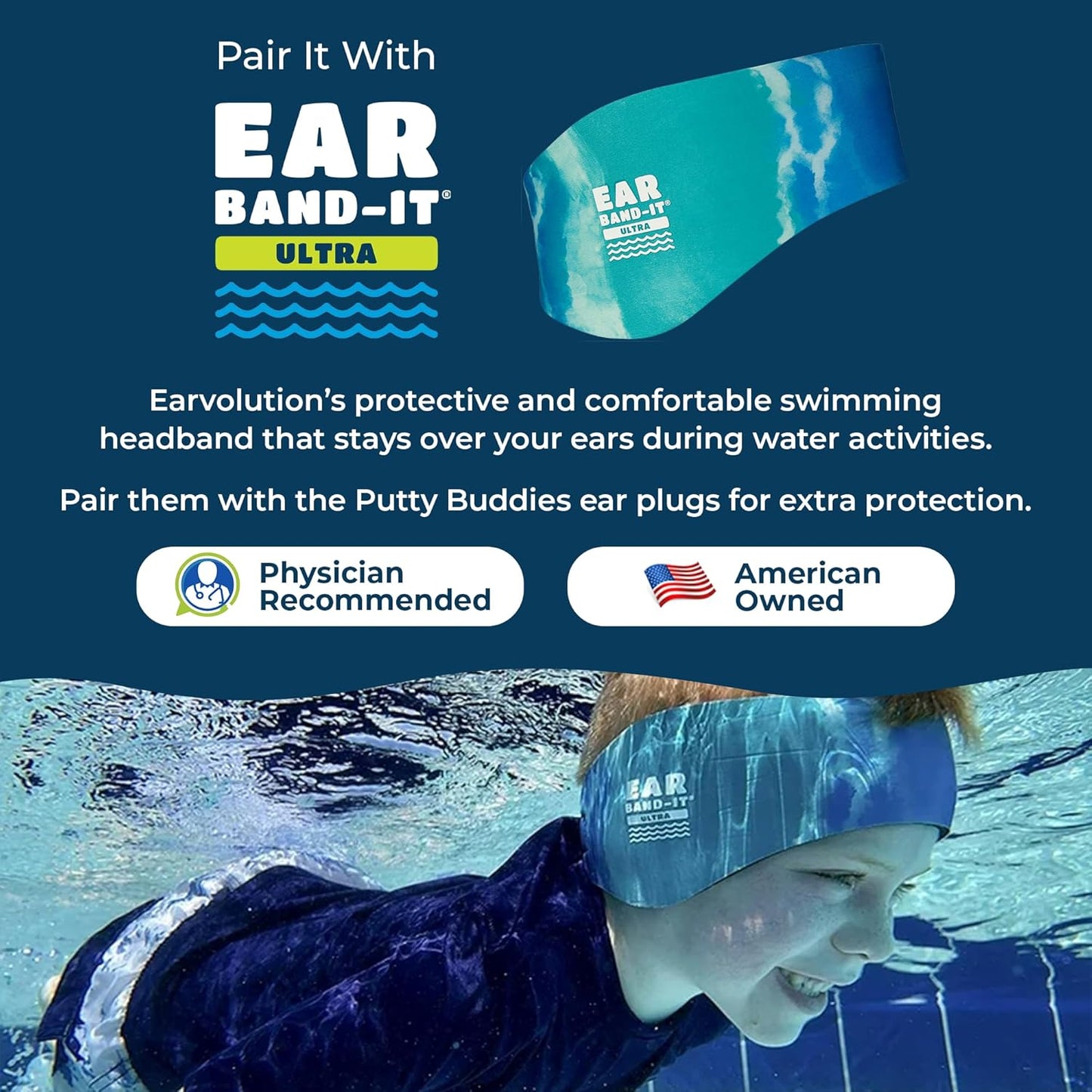 Earvolution Floating Putty Buddies Ear Plugs for Swimming - Invented by an Ear Physician - Moldable, Premium, Silicone - Floats on Water - Waterproof - Made in The USA - 3 Pack - Blue/Yellow/Green