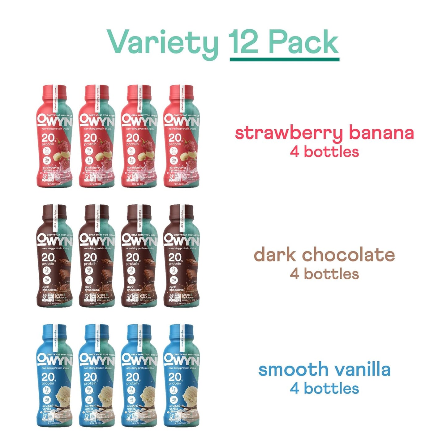 OWYN Only What You Need Protein Shake, 20g Vegan Protein, Ready to Drink, Dairy Free, Great Taste, 4g Sugar, 5g Net Carbs, Strawberry Banana Variety Pack, 12 Fl Oz (12 Pack)