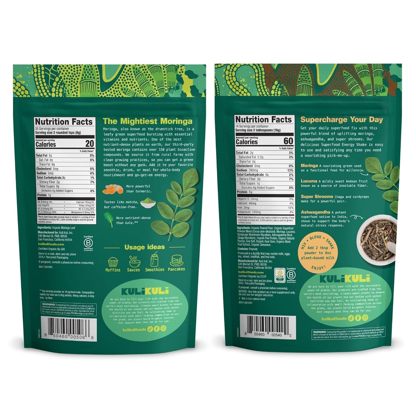 Kuli Kuli Moringa Oleifera Organic Leaf Powder & Green Smoothie, 100% Pure USDA Certified & Non-GMO Moringa Powder, Great with Smoothies, Tea, and Food, Combo Pack