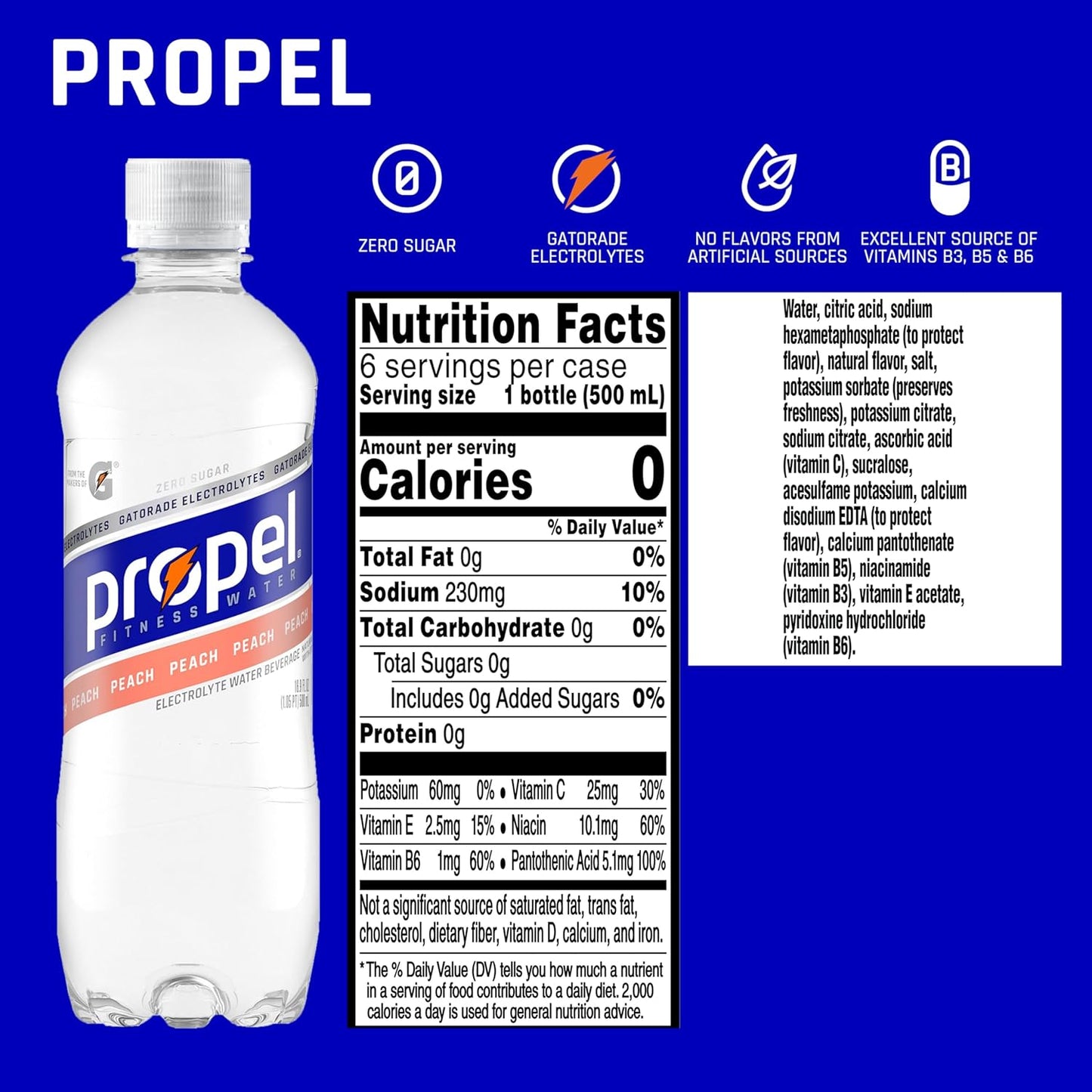 Propel, Peach, Zero Calorie Sports Drinking Water with Electrolytes and Vitamins C&E, 16.9 Fl Oz (Pack of 12)