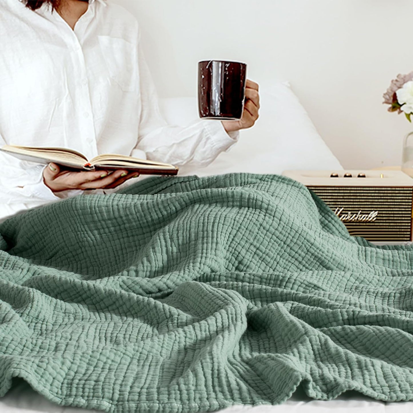 Carriediosa 100% Cotton Muslin Throw Blanket 108" X 90" King Size,4-Layers Summer Gauze Throws for Bed Couch,Soft Lightweight Breathable Linen Blankets Bedspread for Adults All Season,Sage Green