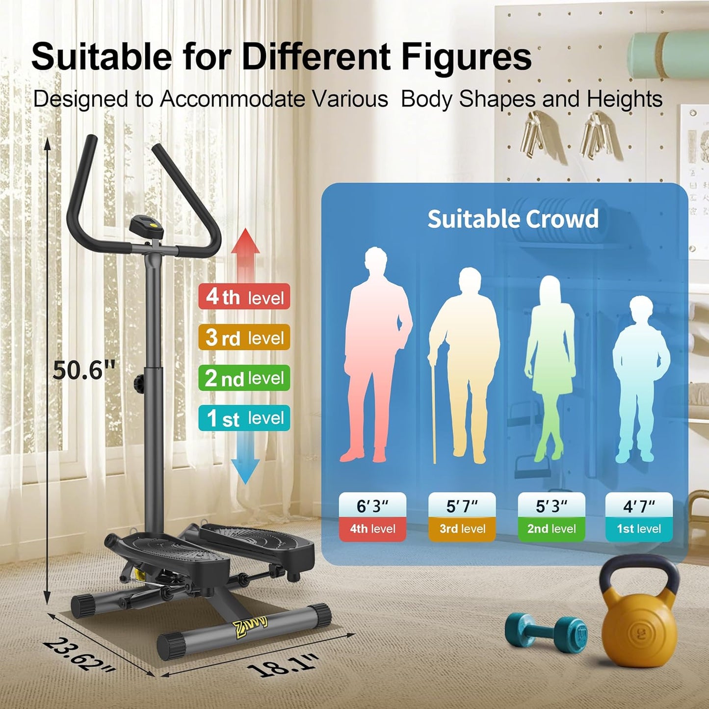 Stepper Machine with Resistance Bands, Mini Stepper with 300LBS Weight Capacity, Twist Stepper for Full Body Workout, Adjustable Step Height, Smooth and Quiet, Step Machine for Men Women