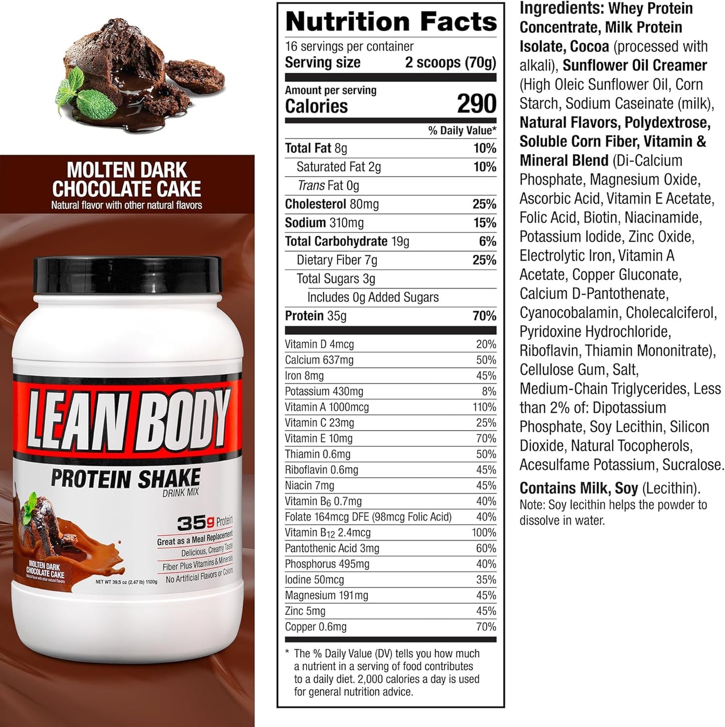 Labrada Lean Body Hi-Protein Meal Replacement Shake, Molten Dark Chocolate Cake PACKAGING MAY VARY