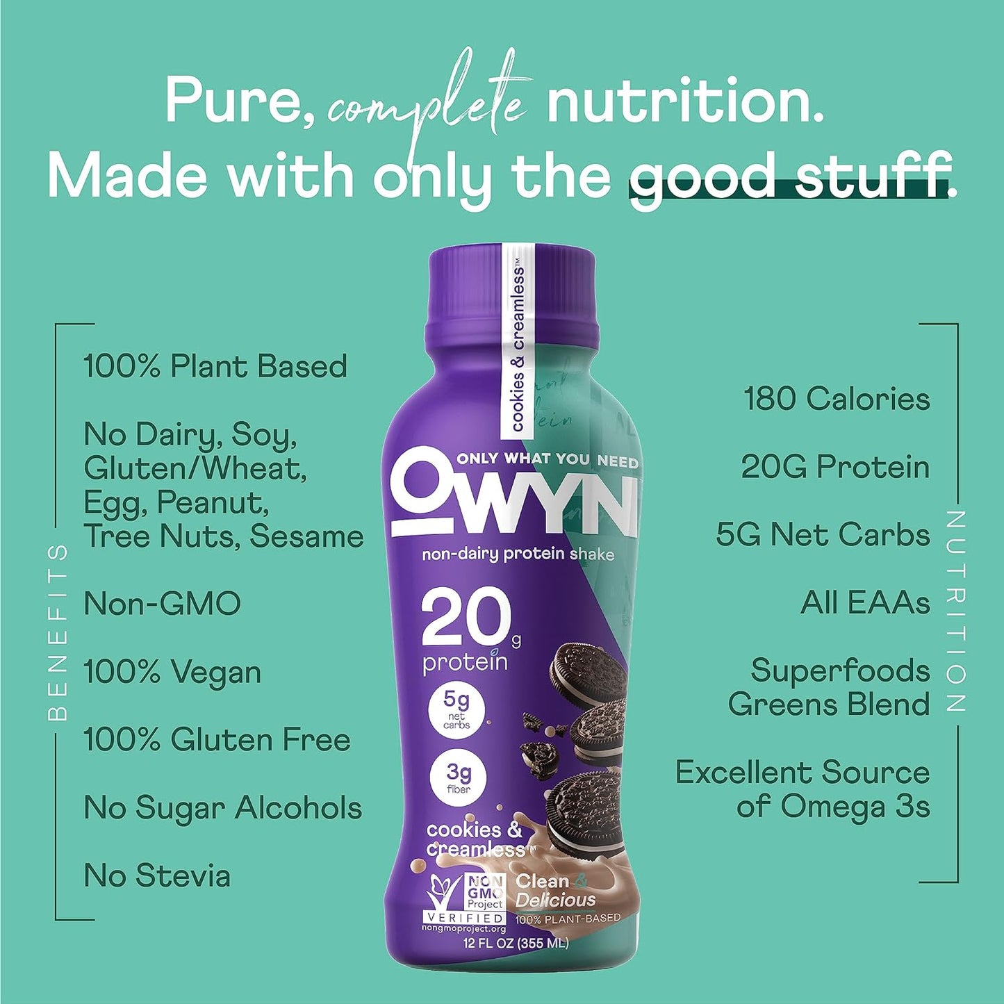 OWYN Only What You Need Plant Based Protein Shake, 20g Vegan Protein from Organic Pumpkin Seed, Flax, Pea Blend, Prebiotic Supplement, Superfood Greens, Gluten & Soy-Free (Cookies & Creamless)